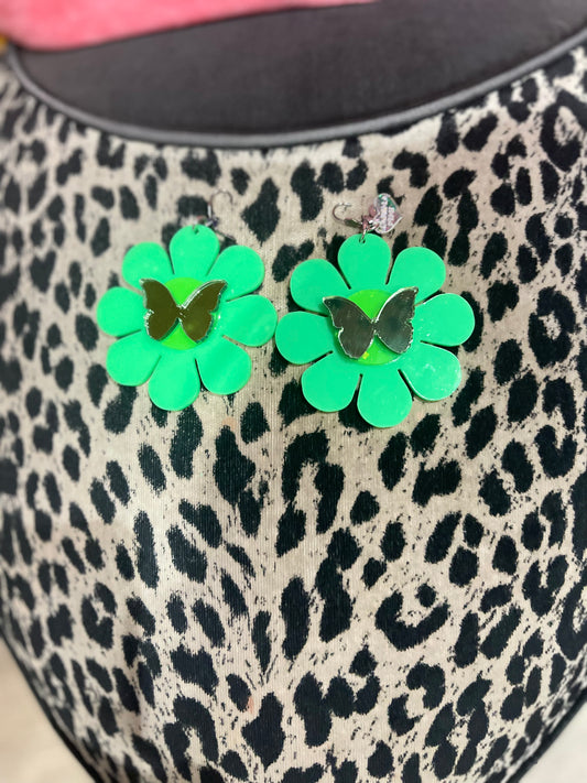 Green Flower and Butterfly Mirror Earrings by Marina Fini - Spark Pretty