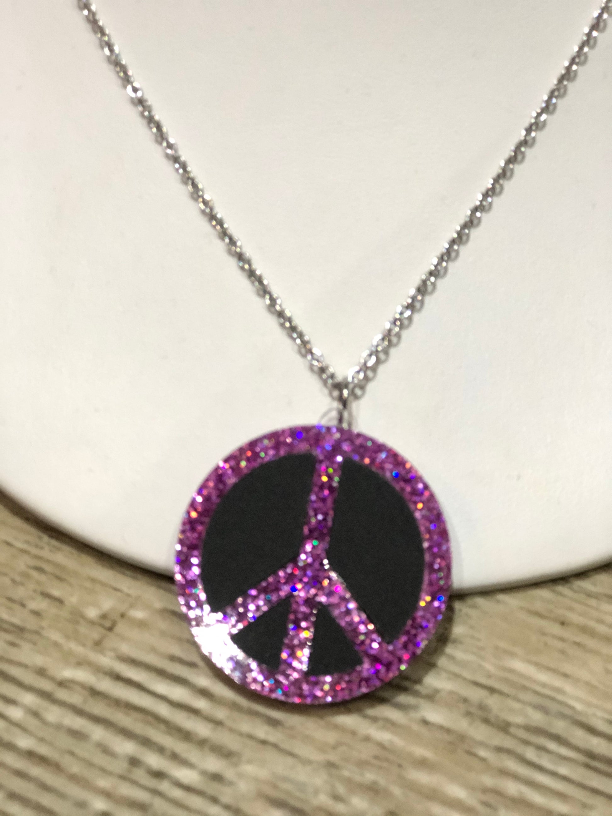 Peace Sign Glitter Necklace by No Basic Bombshell - Spark Pretty