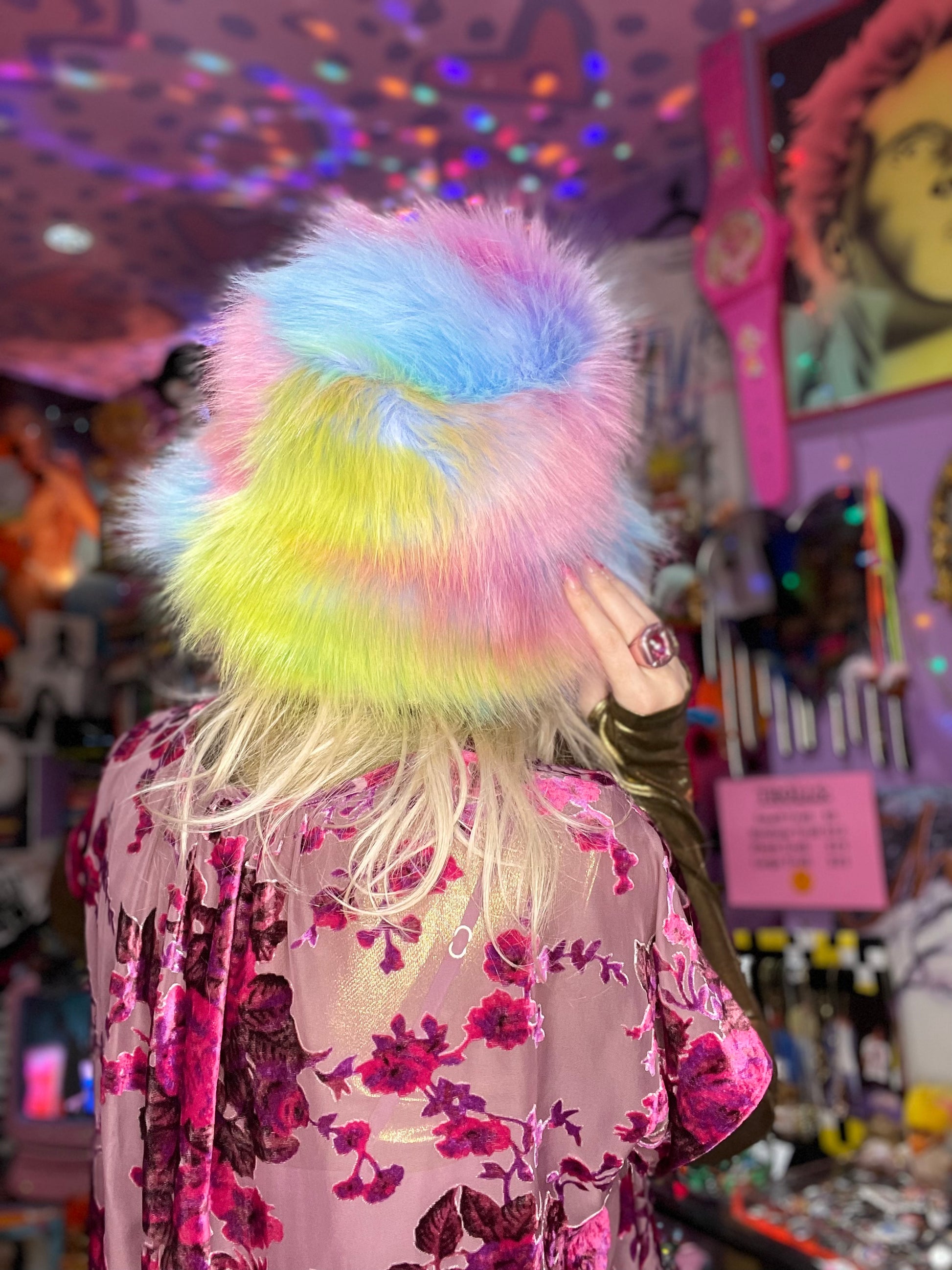 Y2K Rainbow Pastel Faux Fur Bucket Hat - Spark Pretty