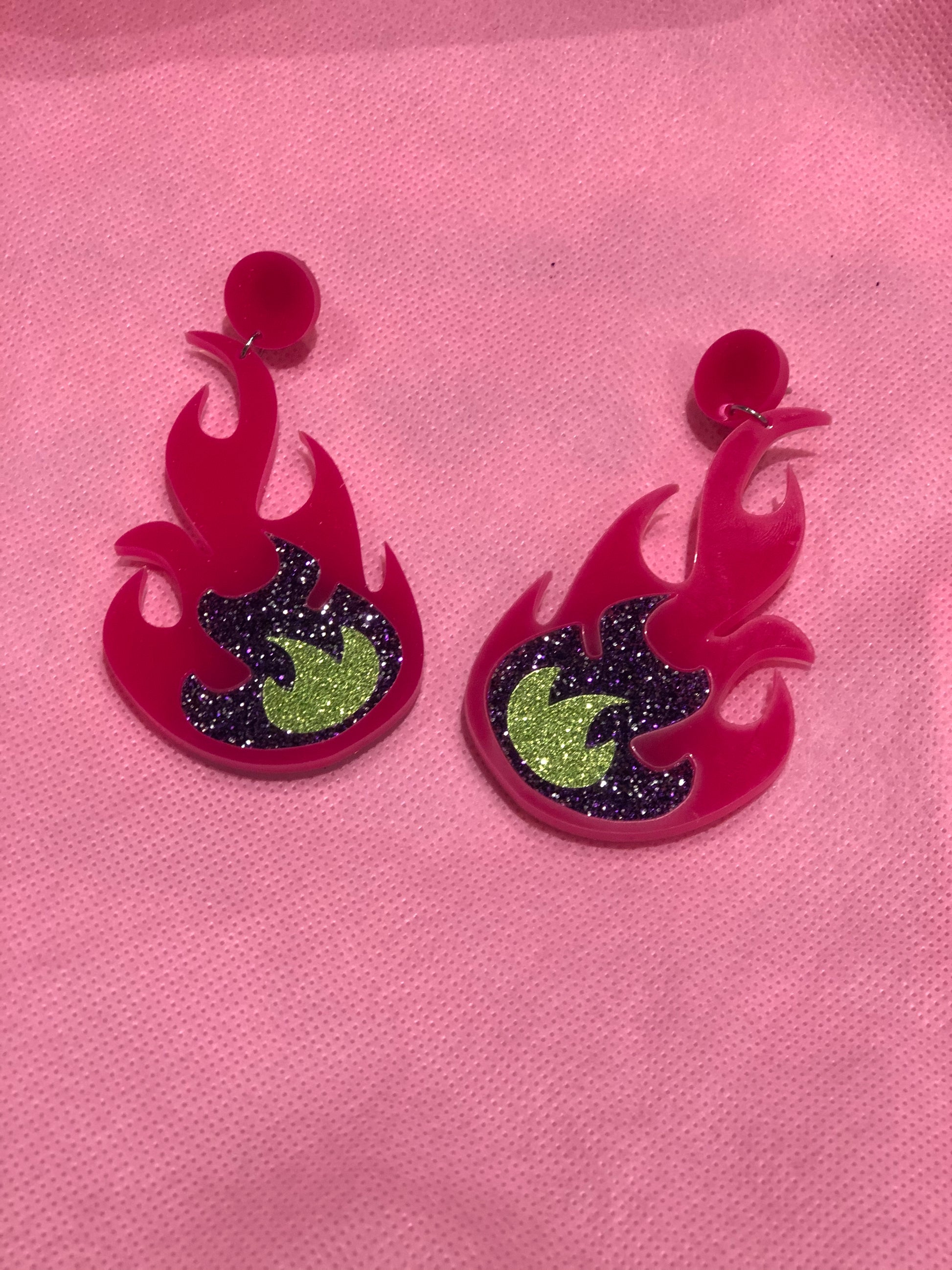 Hot Pink Glitter Flames Earrings by No Basic Bombshell - Spark Pretty