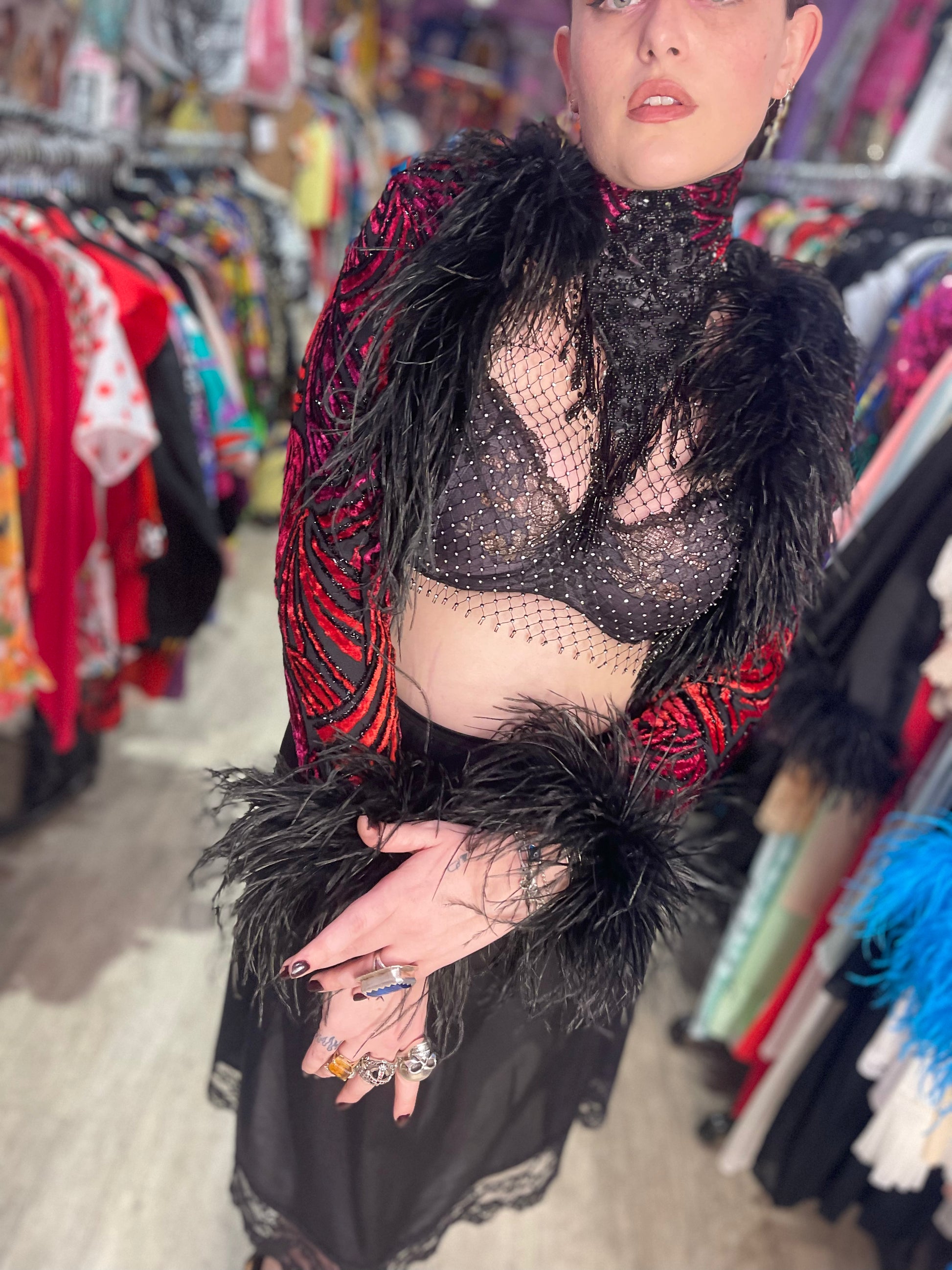 Vintage 70s 80s Feather Cuff Velvet Burnout Bolero Jacket – Spark