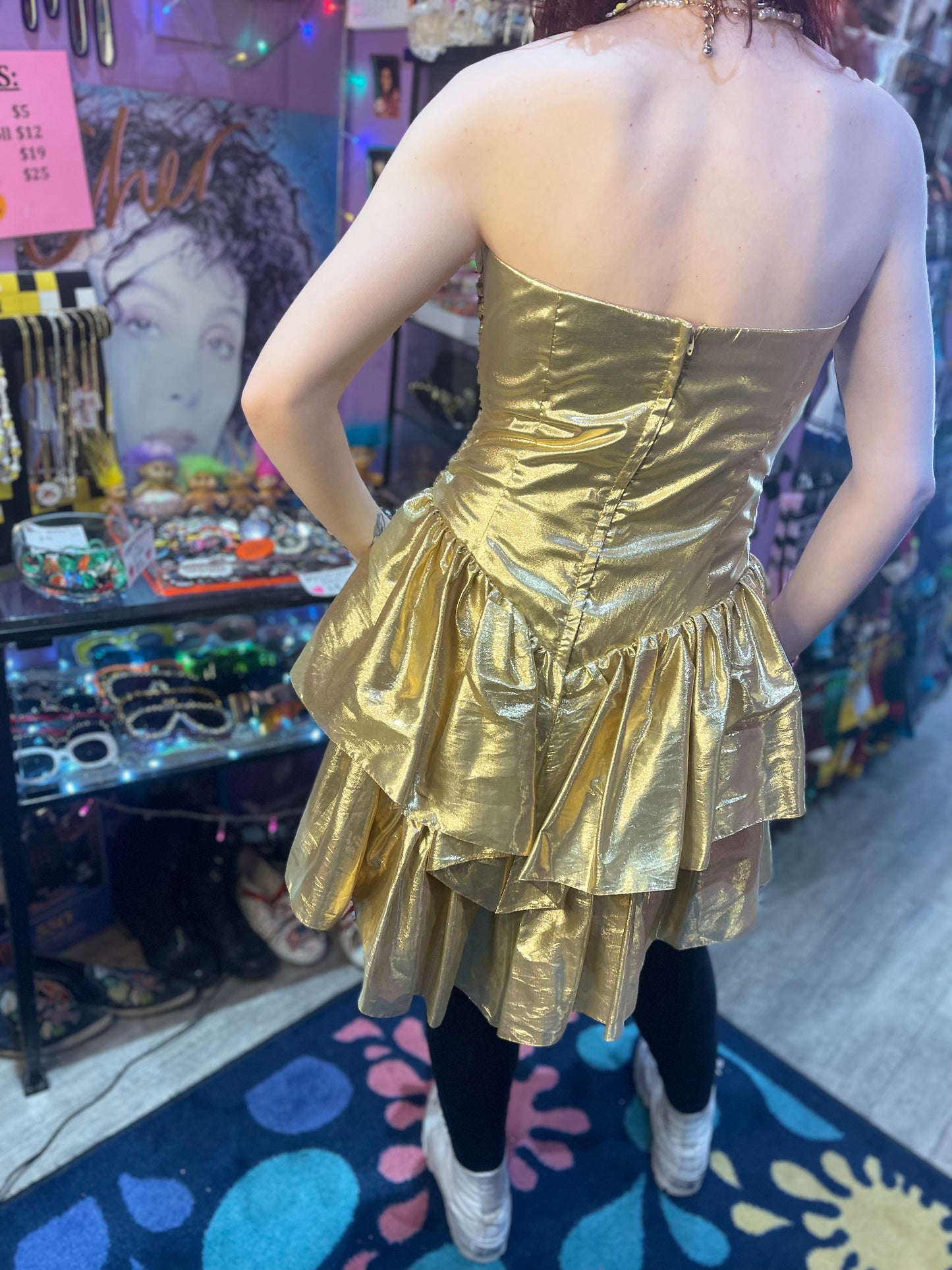 Vintage 80s Metallic Gold Ruffle Party Dress - Spark Pretty