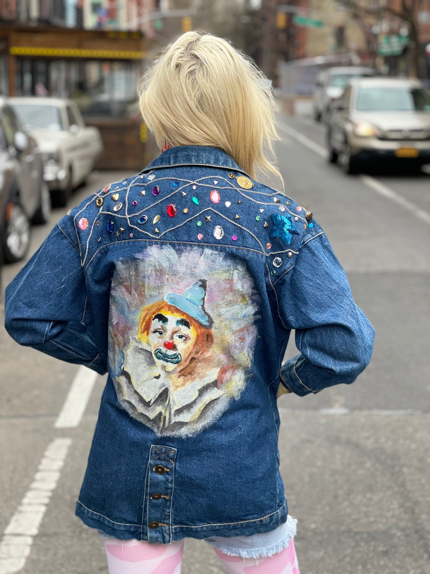 Vintage 80s Hand Painted Clown Bedazzled Jean Jacket - Spark Pretty