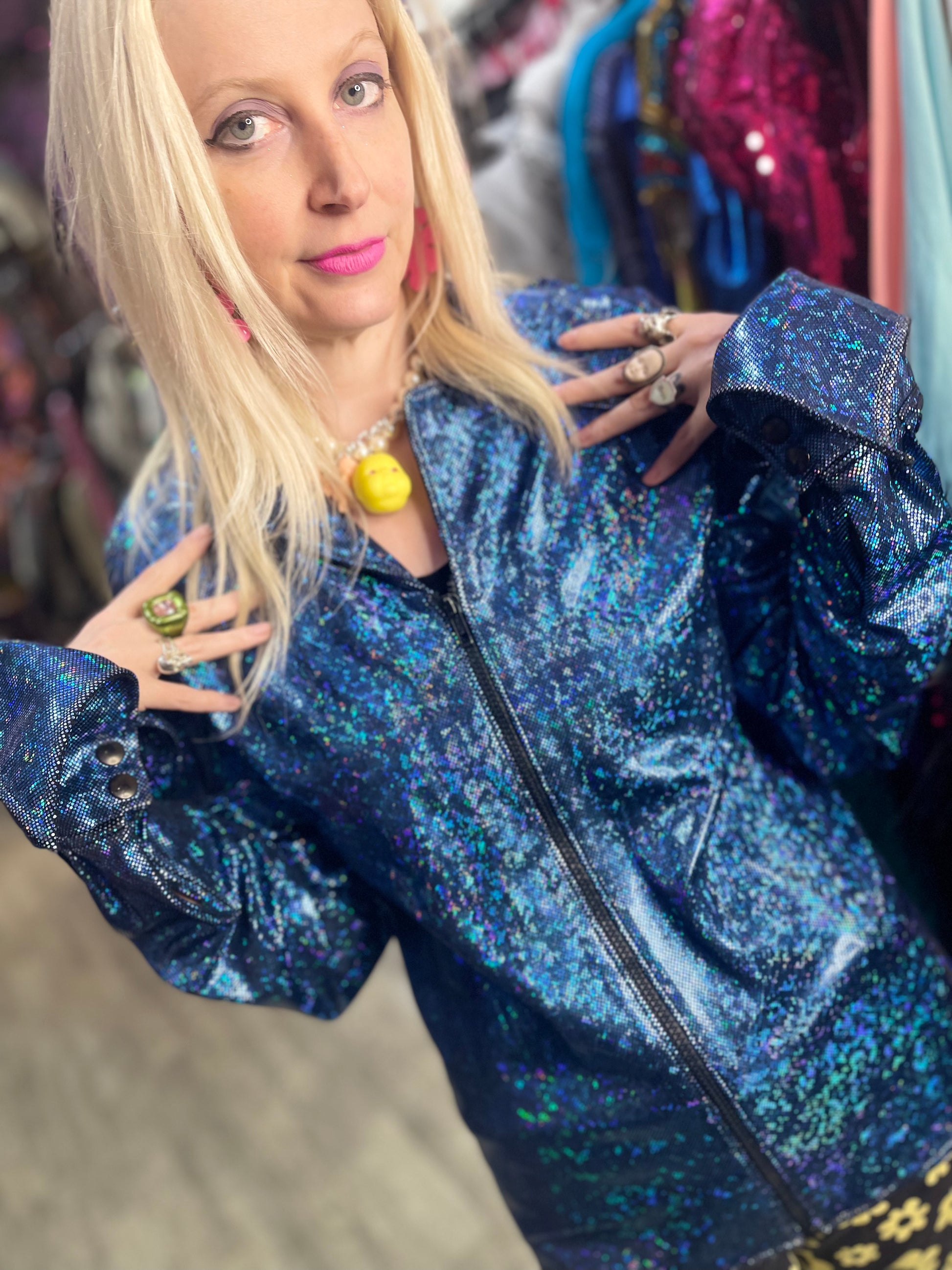 Vintage 90s Shiny Hologram Disco Long Sleeve Zip Up Shirt - Spark Pretty