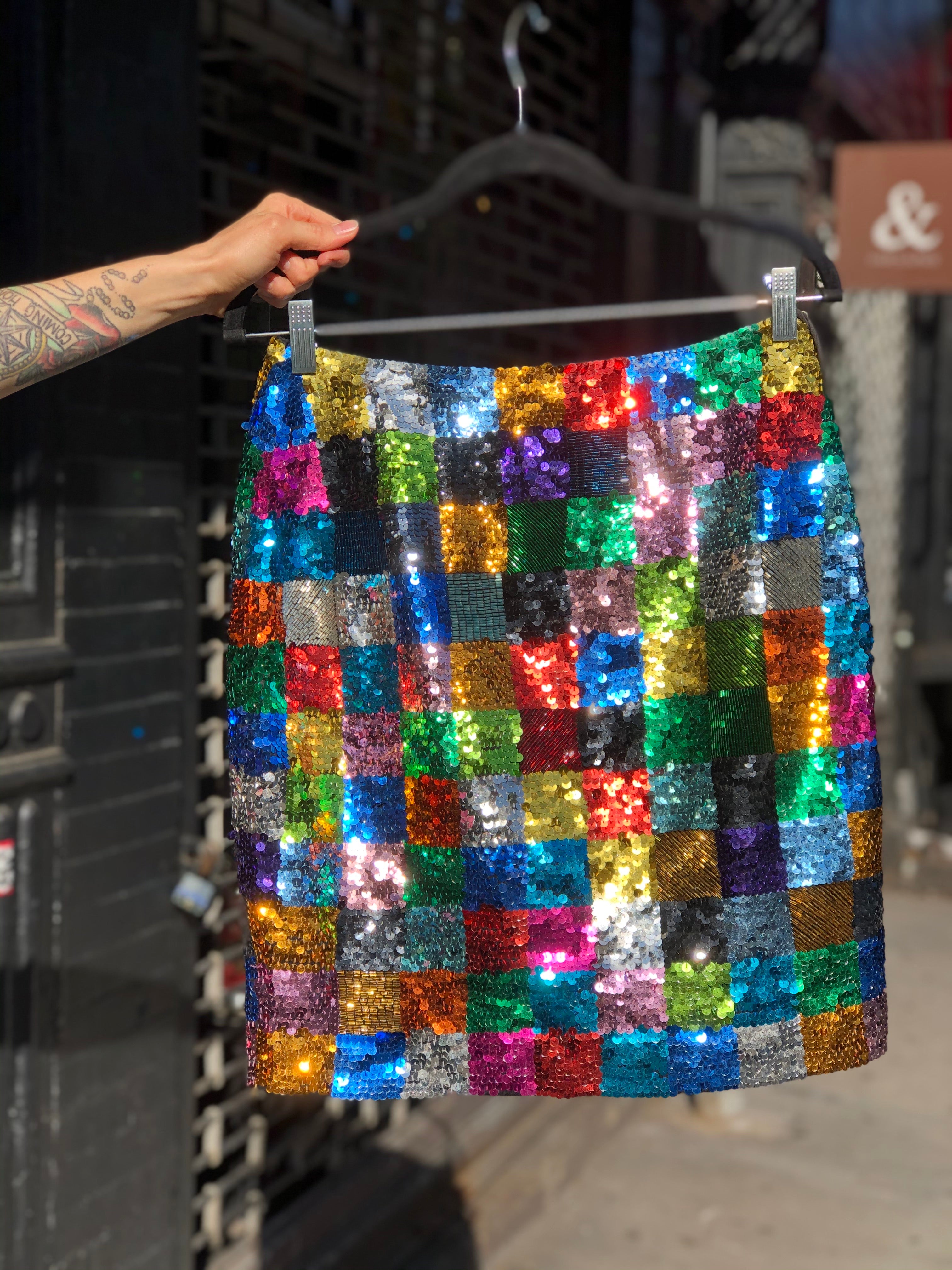 Vintage 90s Sequin Rainbow Cubism Mini Skirt