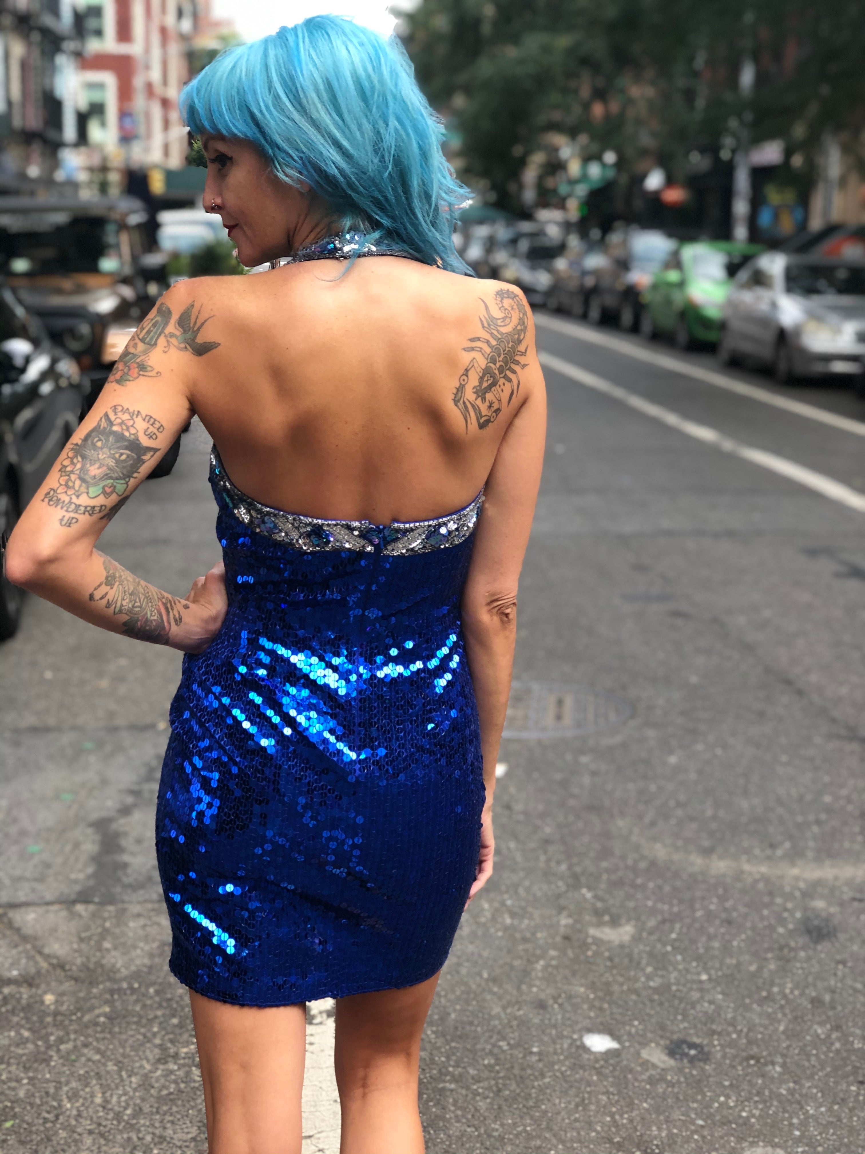 Vintage 90s Blue Sequin Halter Mini Dress – Spark Pretty