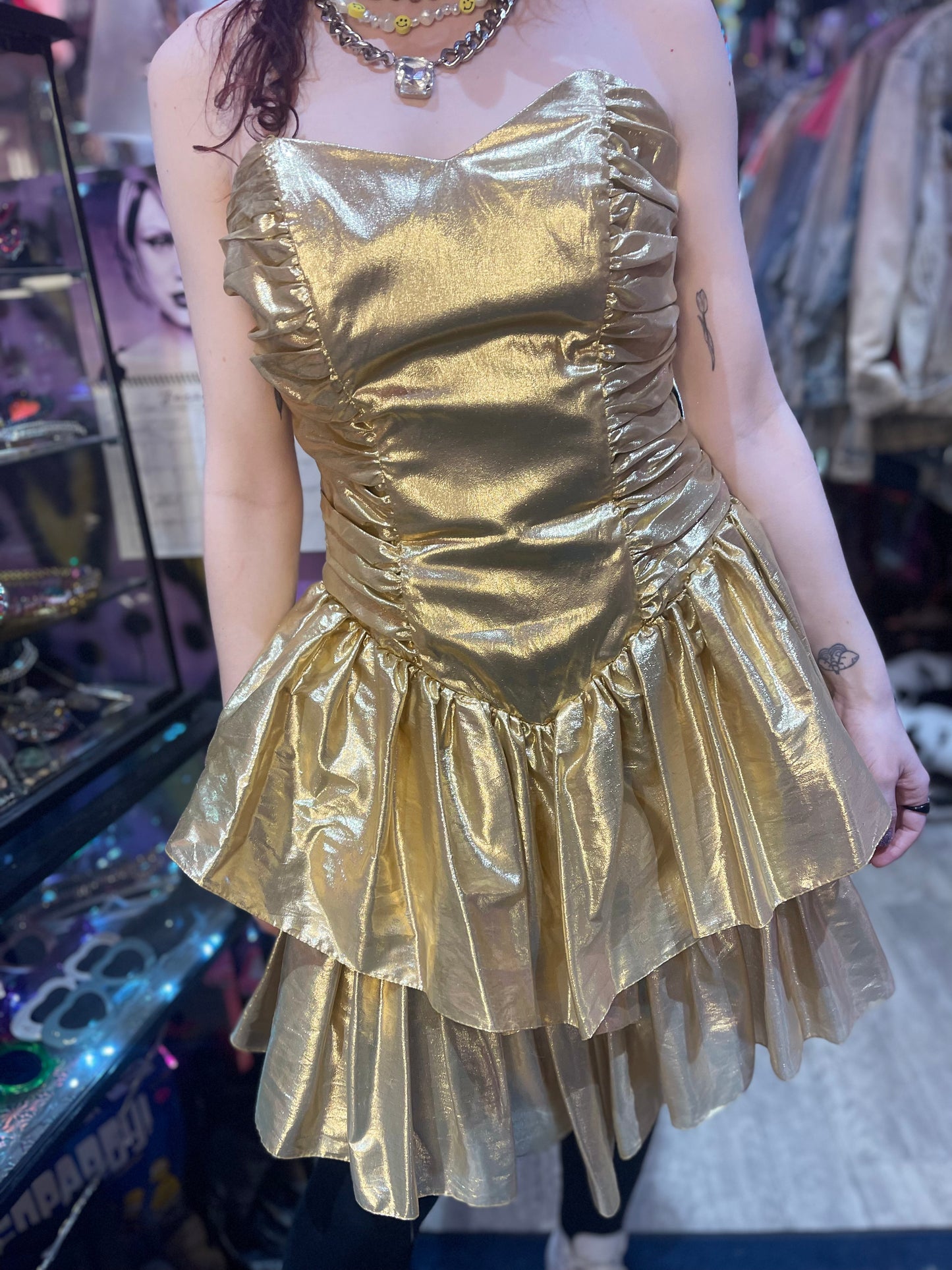 Vintage 80s Metallic Gold Ruffle Party Dress - Spark Pretty