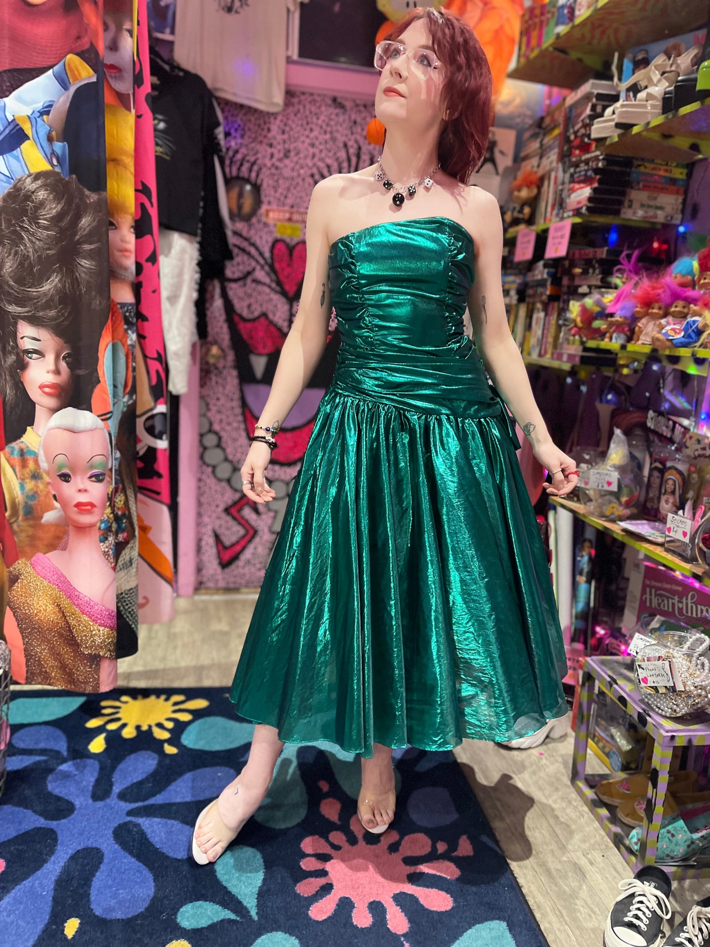 Vintage 80s Metallic Emerald Green Asymmetrical Party Dress - Spark Pretty