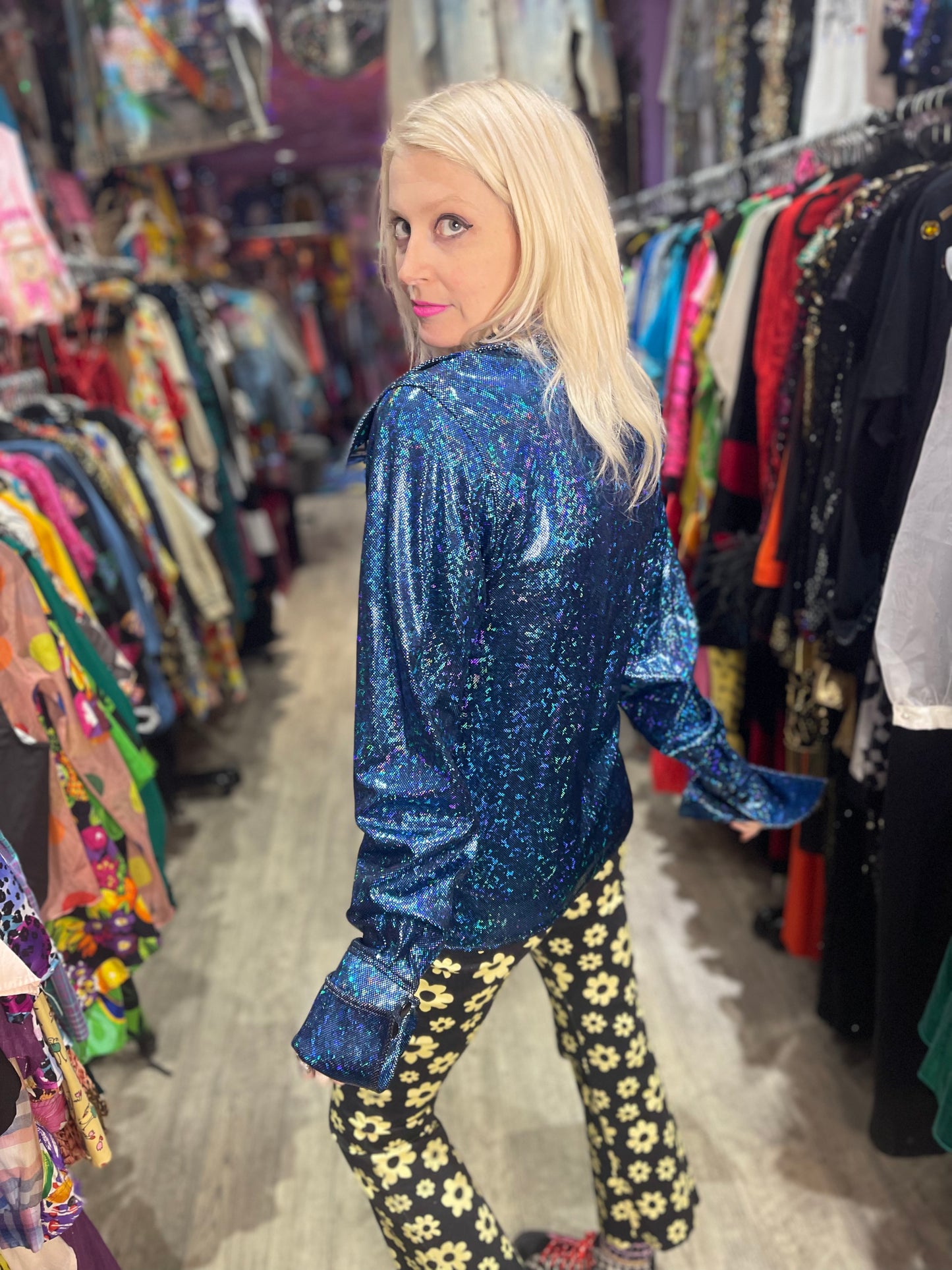 Vintage 90s Shiny Hologram Disco Long Sleeve Zip Up Shirt - Spark Pretty