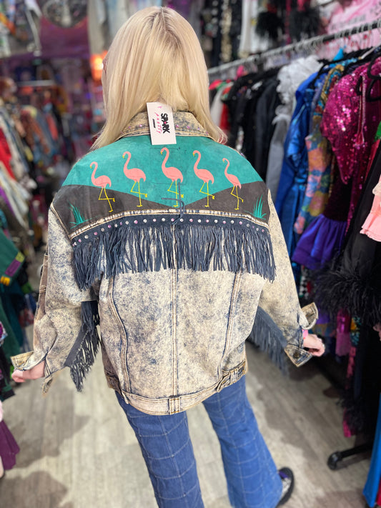 Vintage 80s Flamingo Fringe Acid Wash Jean Jacket - Spark Pretty