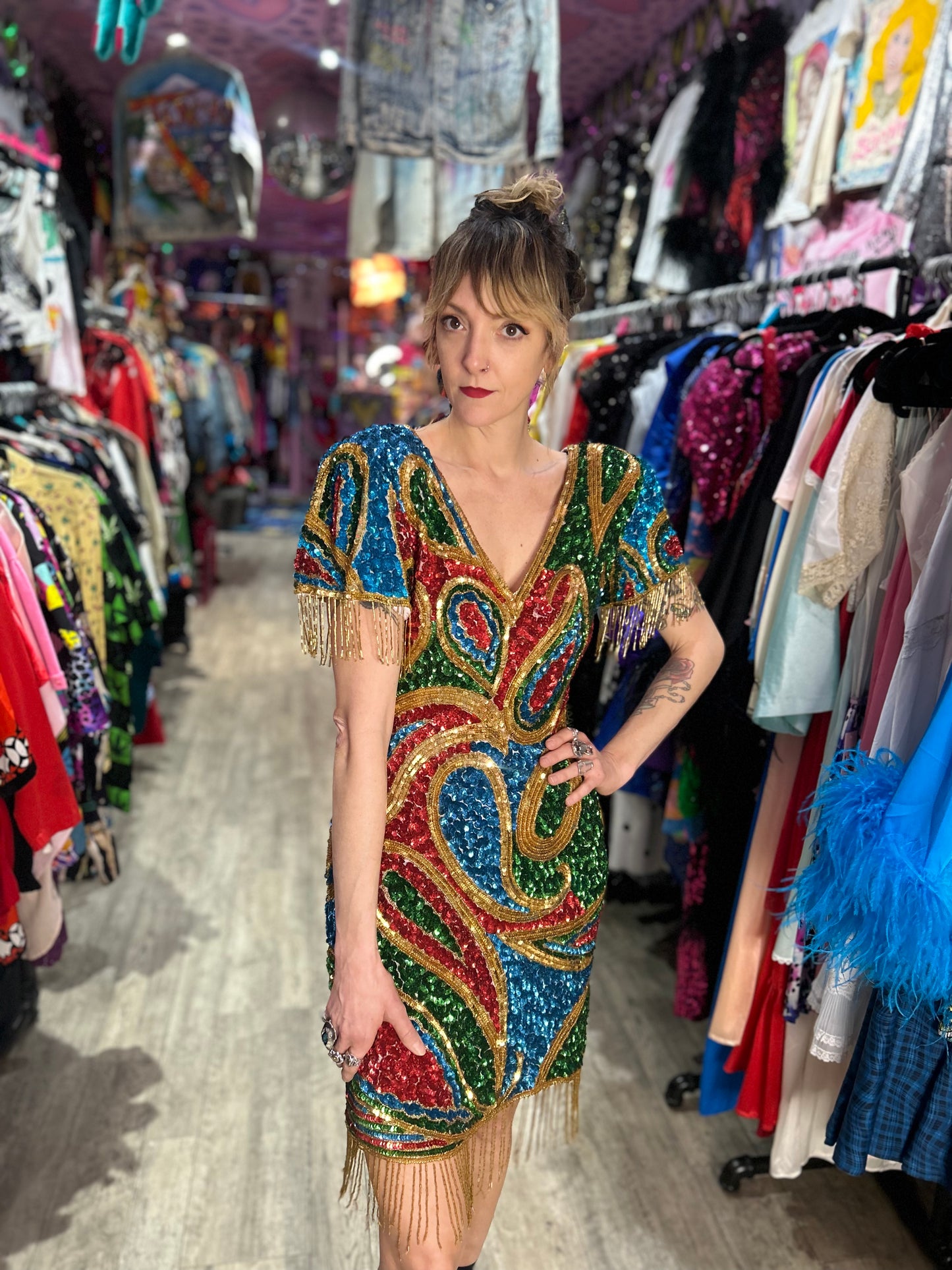 Vintage 80’s Beaded Fringe Disco Sequin Dress - Spark Pretty