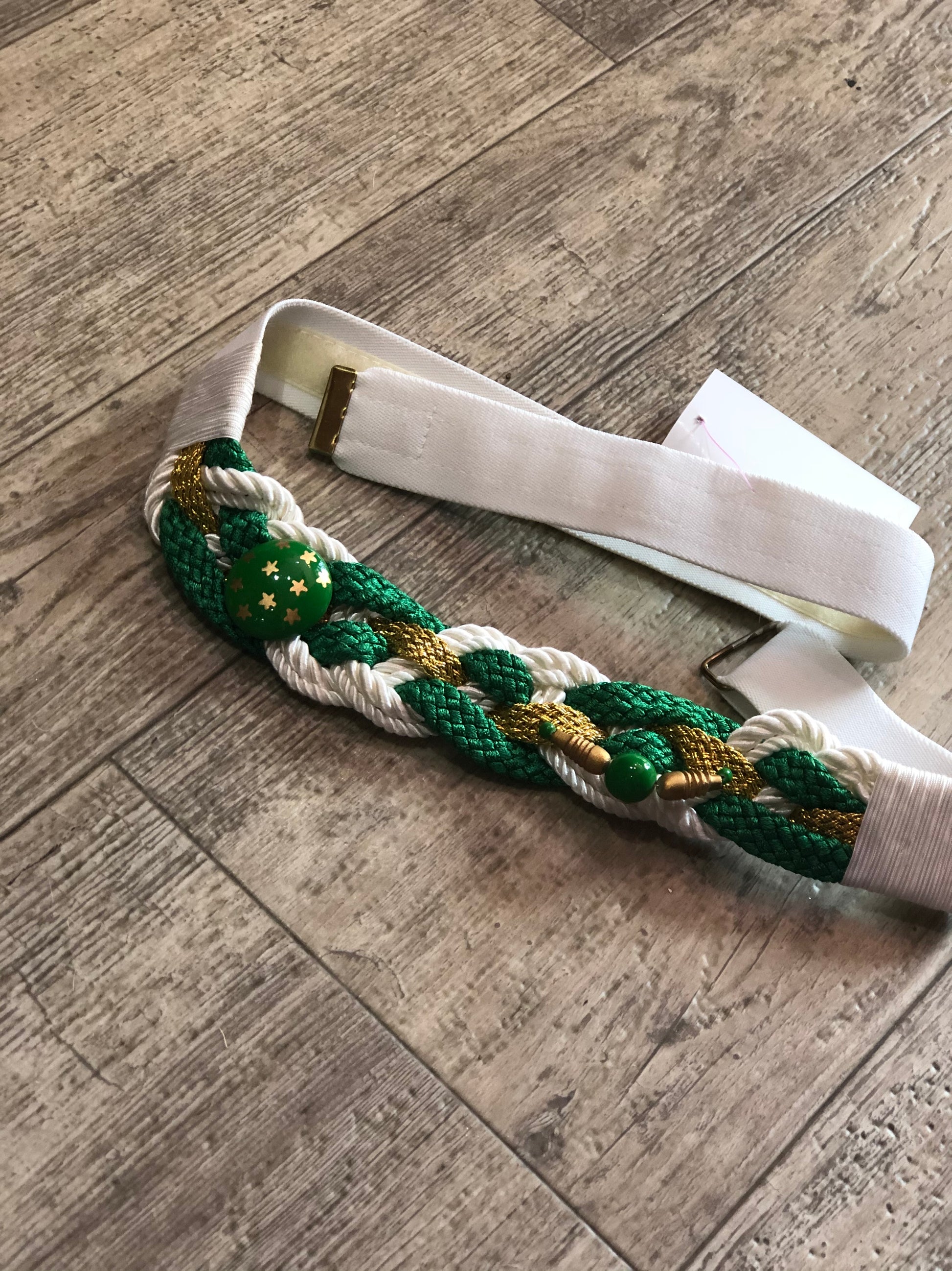 Vintage 80s Woven Green and White Braided Beaded Belt - Spark Pretty