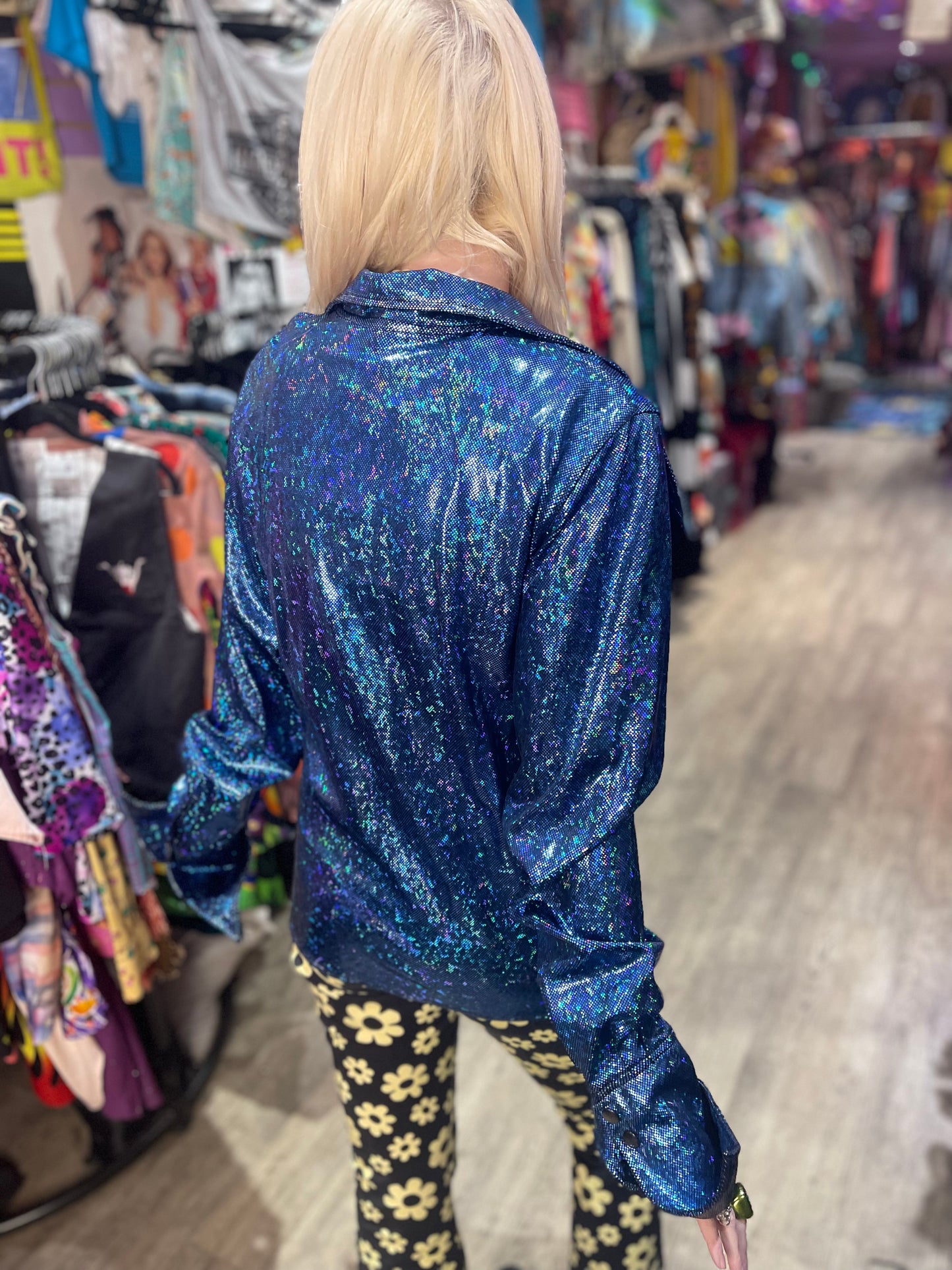 Vintage 90s Shiny Hologram Disco Long Sleeve Zip Up Shirt - Spark Pretty