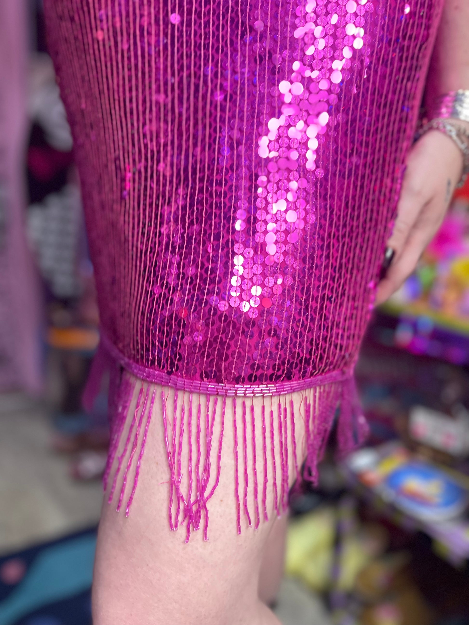 Vintage 80s Pink Fringe Sequin Tank Dress-Plus Size - Spark Pretty