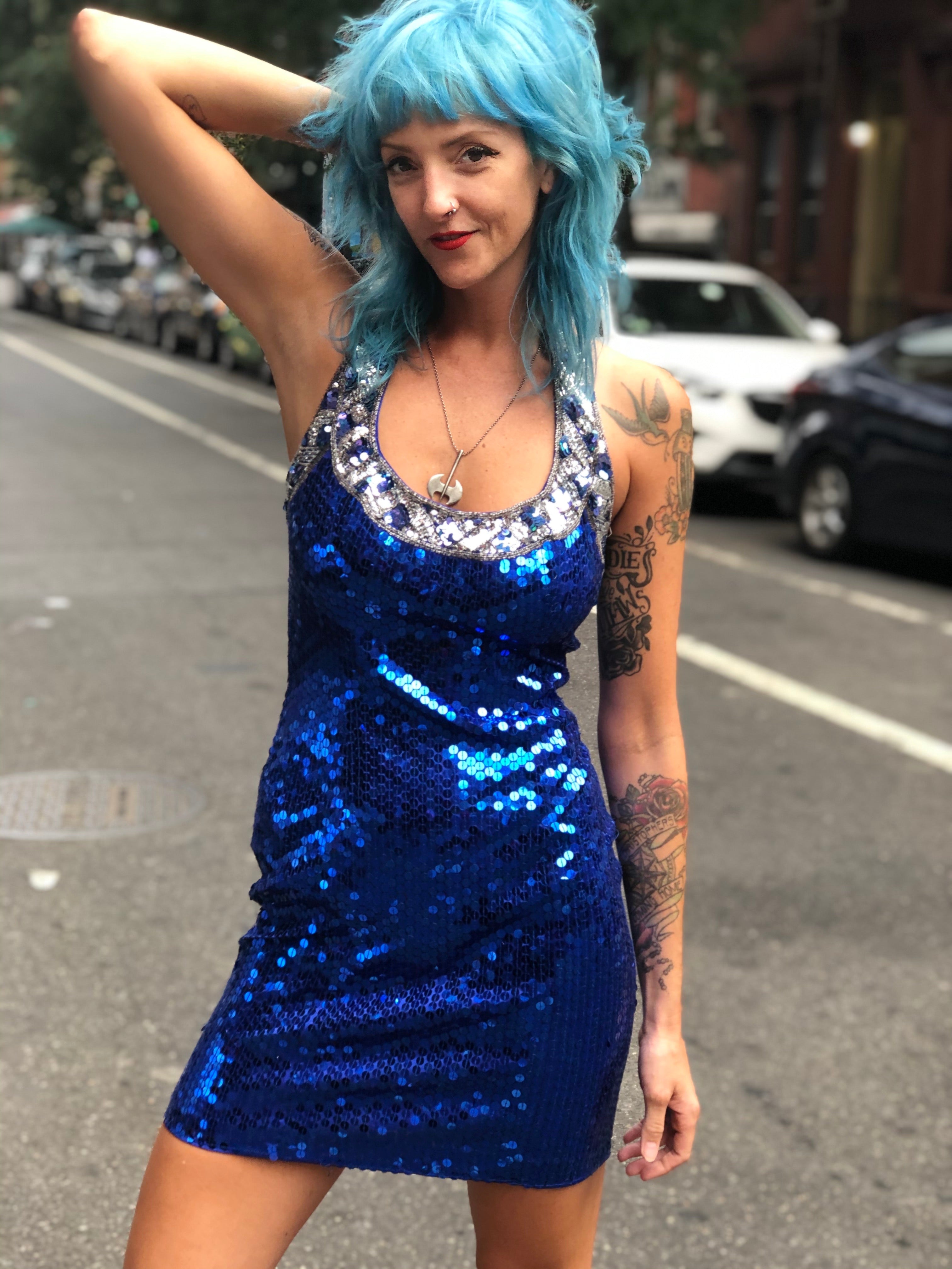 Vintage 90s Blue Sequin Halter Mini Dress – Spark Pretty