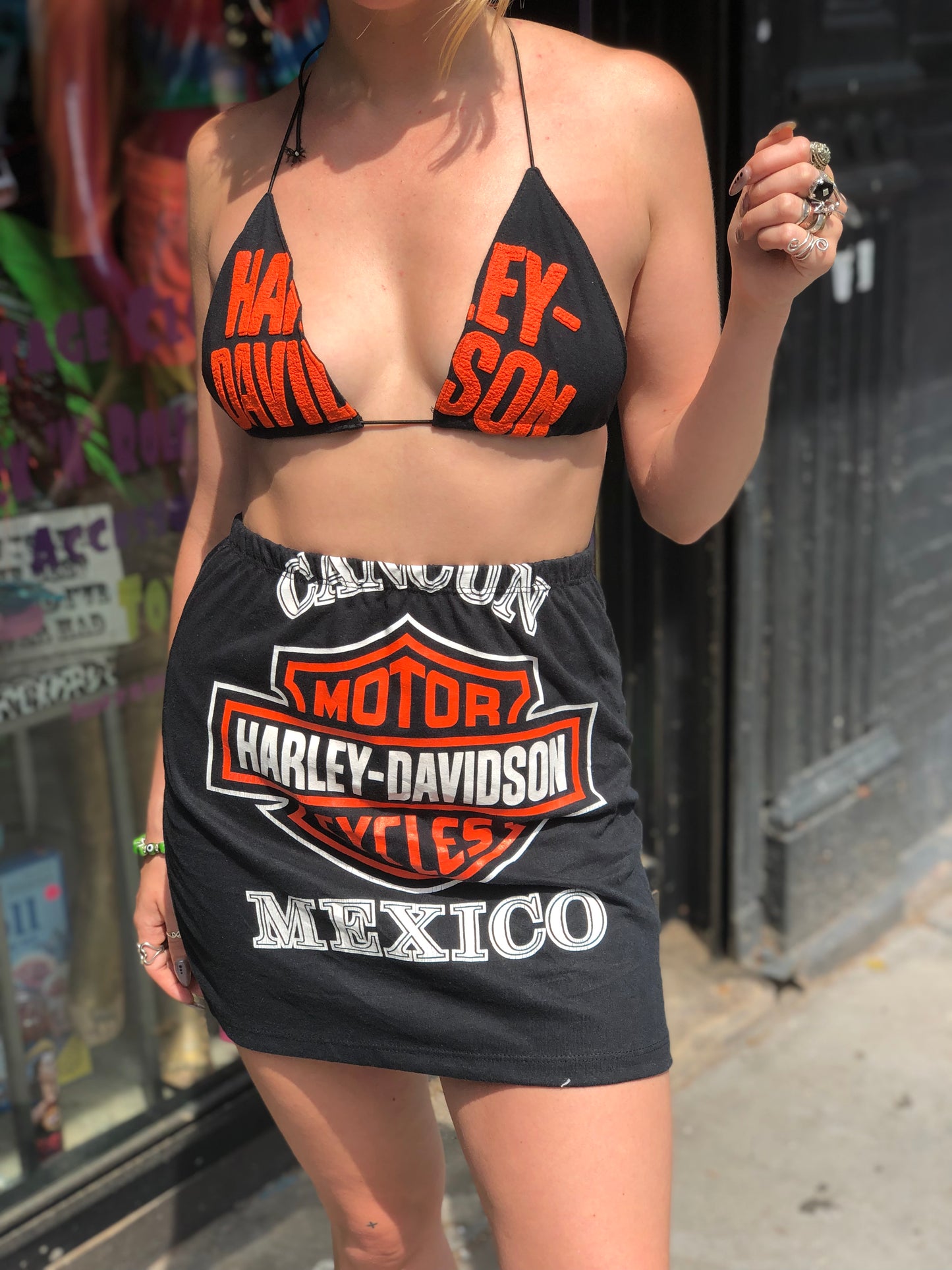 Reworked Vintage Harley Davidson Two Piece Set Bikini And Skirt - Spark Pretty
