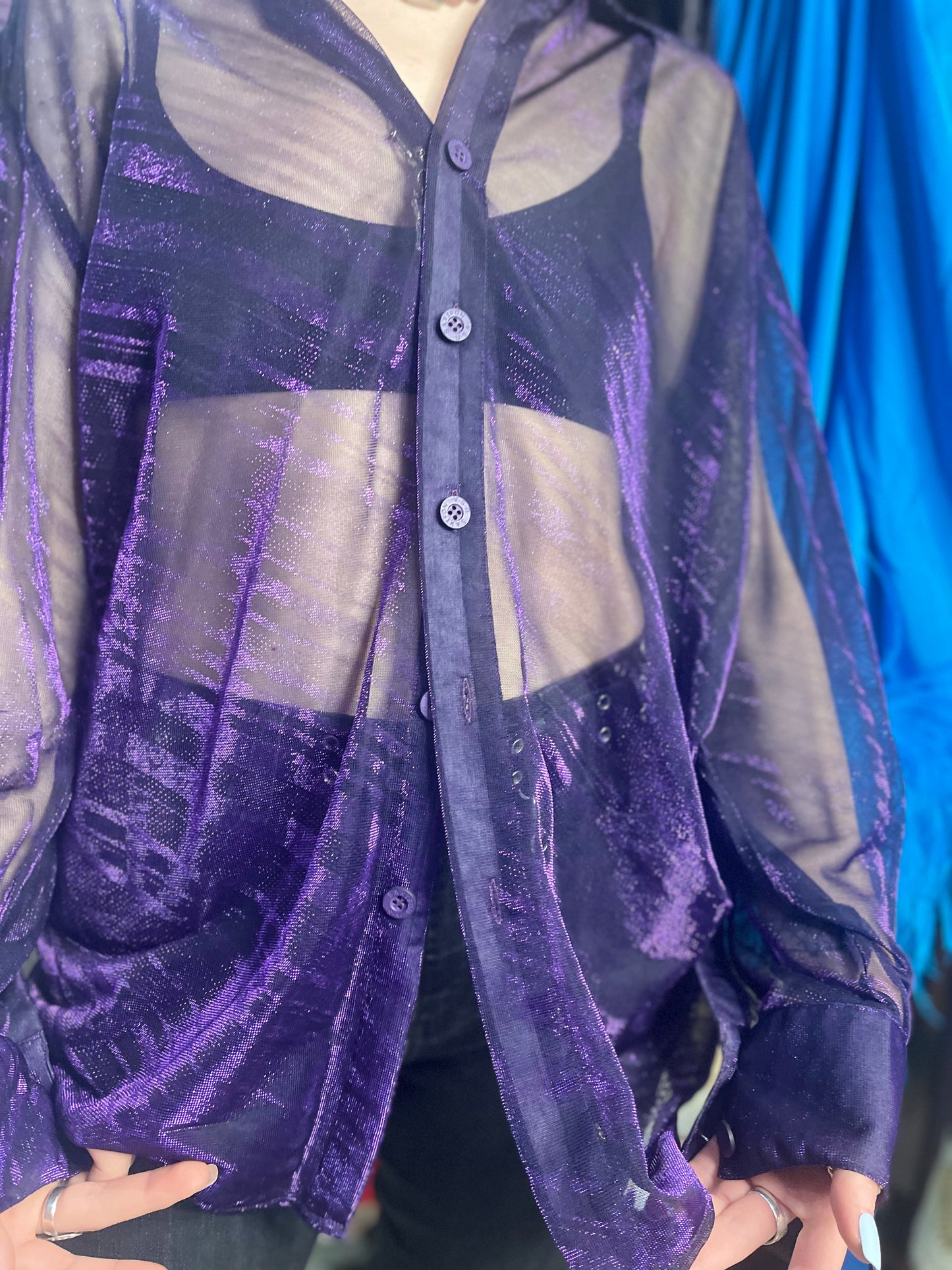 Vintage 90s Shiny Sparkly Sheer Purple Long Sleeve Shirt - Spark Pretty