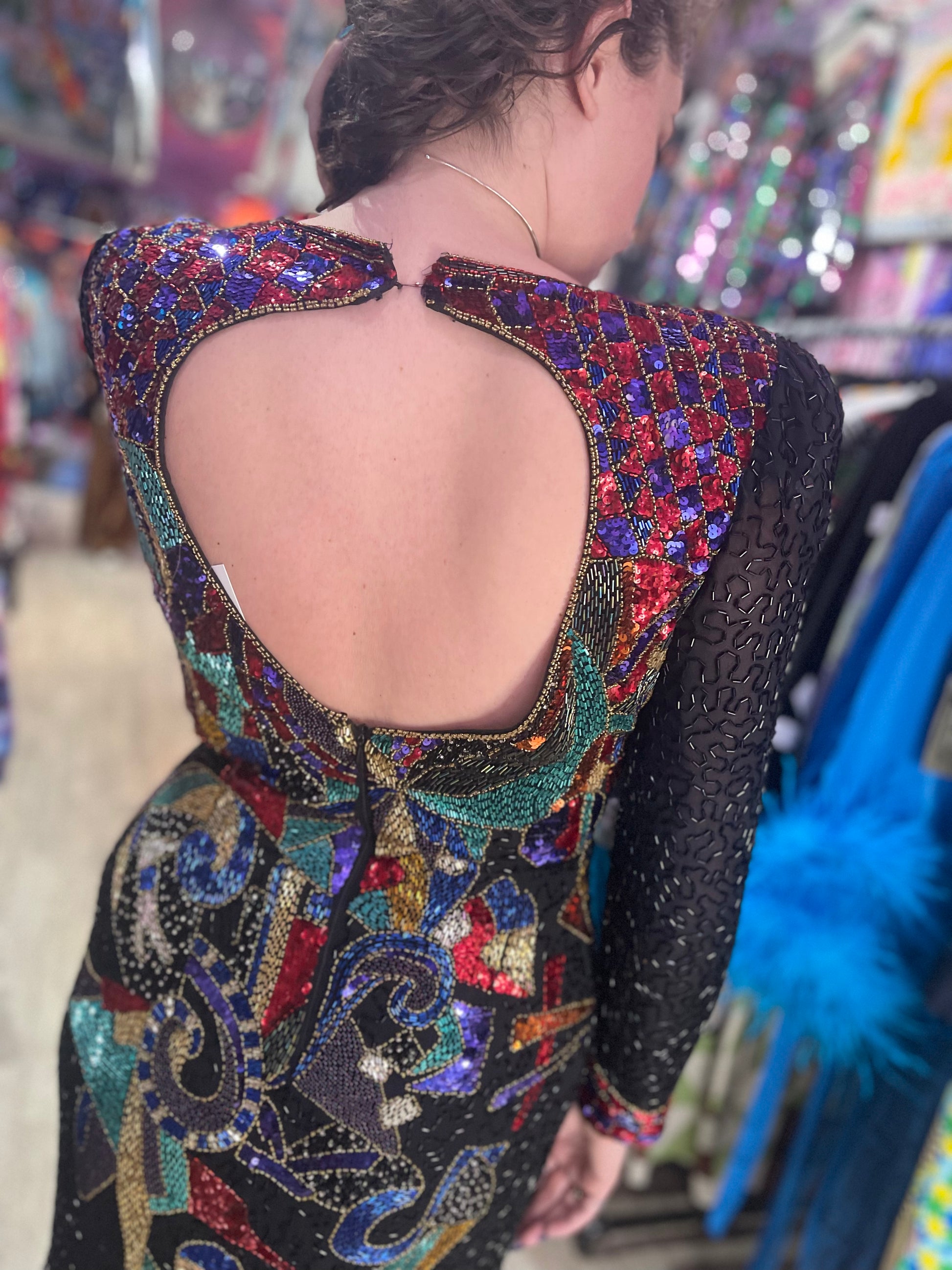 vintage 80s sequin dress Vintage 80s Blue Sequin Dress Iridescent Silk Beaded Abstract Pattern Long Sleeve Party Gown V Neck 1980s Evening Midi Side Slit Small S