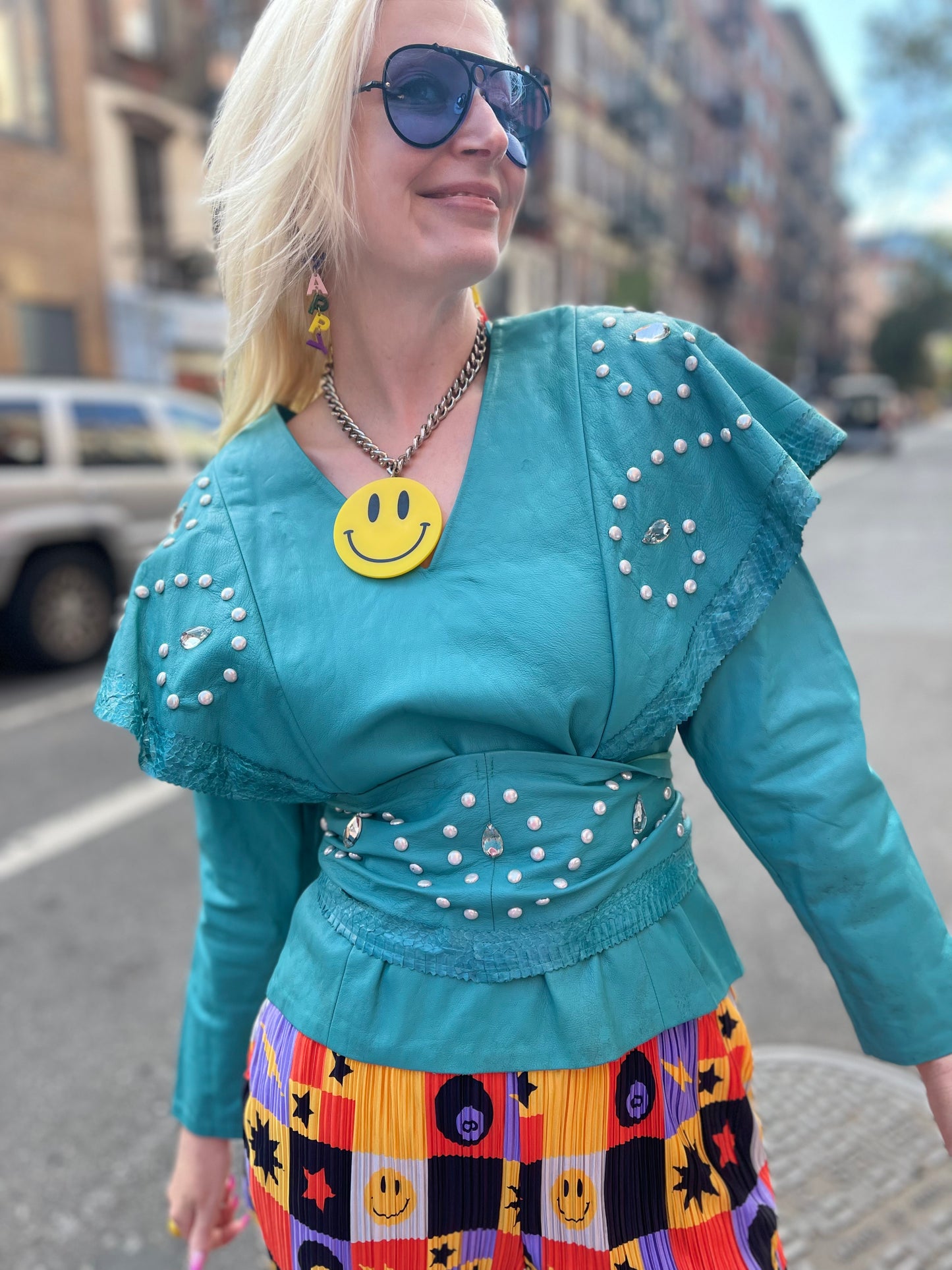 Vintage 80s Teal Leather Studded and Belted Top - Spark Pretty