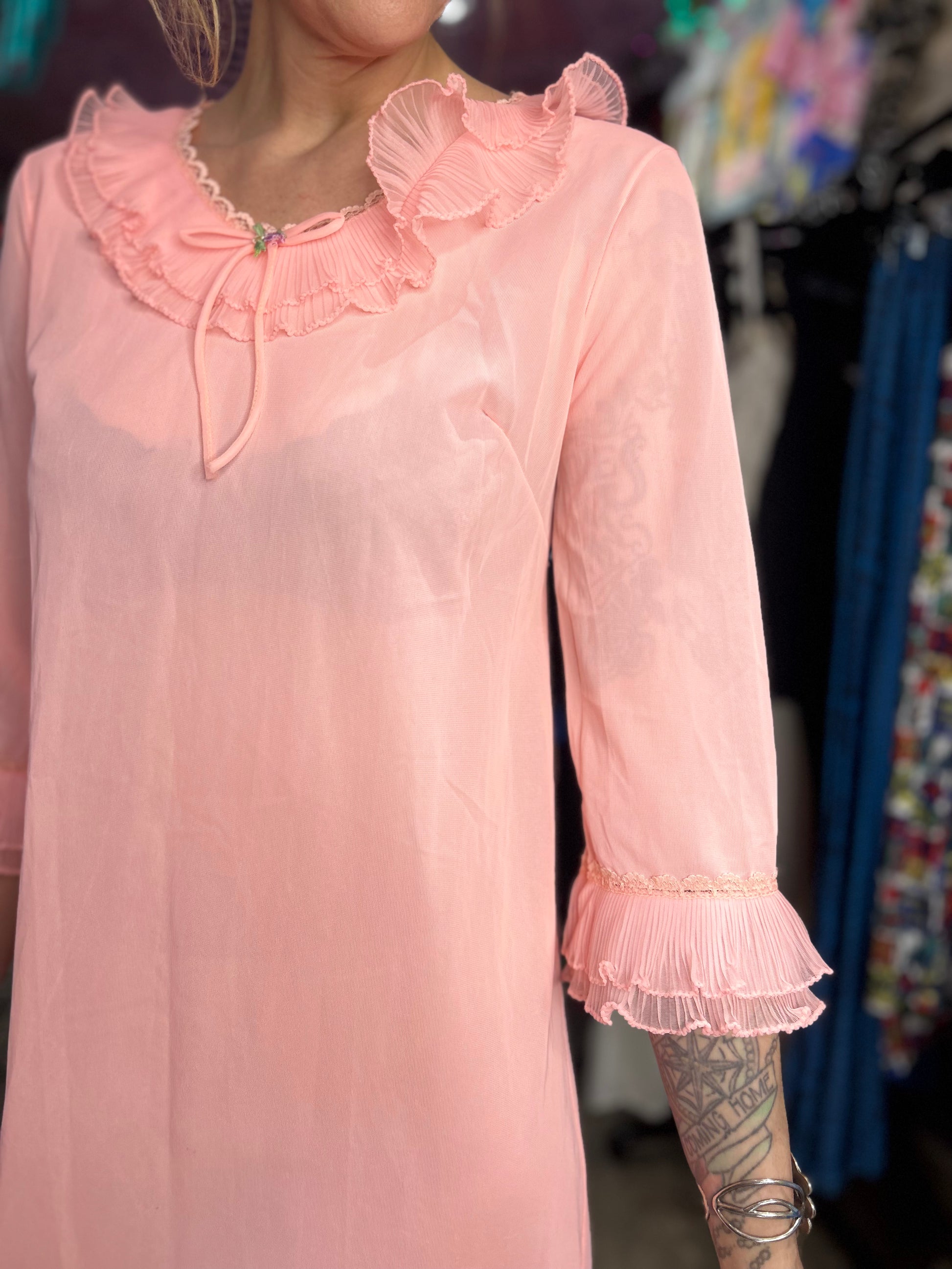 Vintage 70s Coral Ruffle Nightie Babydoll Dress - Spark Pretty