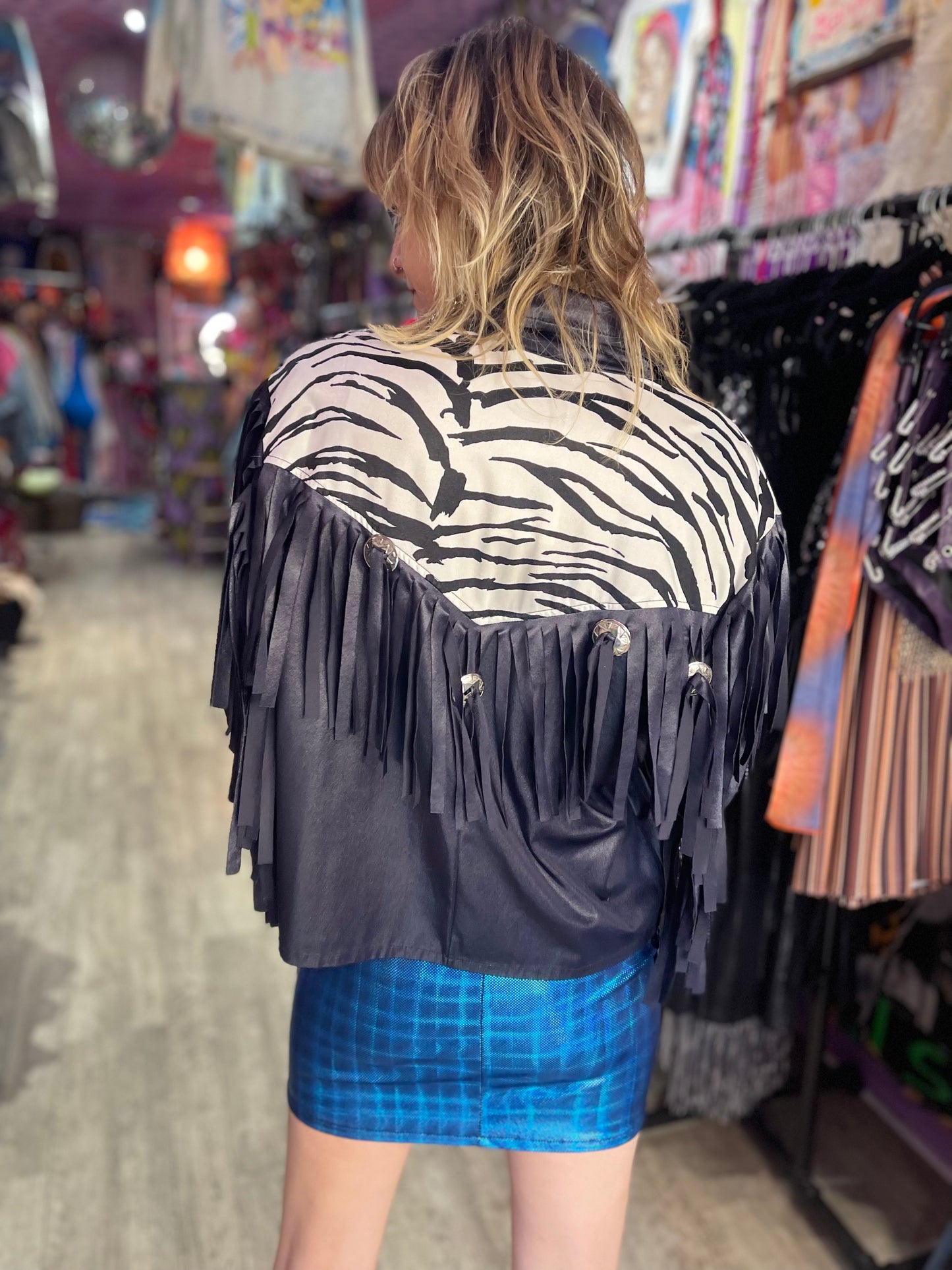 Vintage 80s Zebra Fringe Shiny Jacket - Spark Pretty