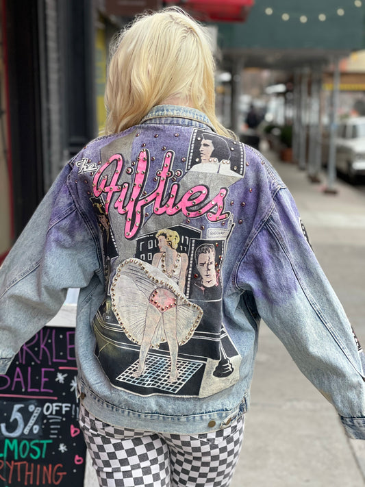 Vintage 80s Hand Painted and Bedazzled Fifties themed Jean Jacket - Spark Pretty