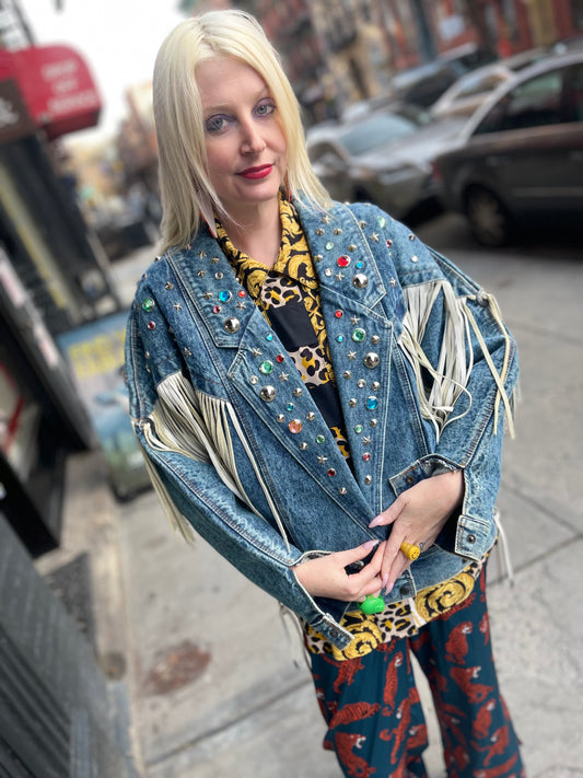 Vintage 80s Fringe And Gem Studded Jean Jacket - Spark Pretty