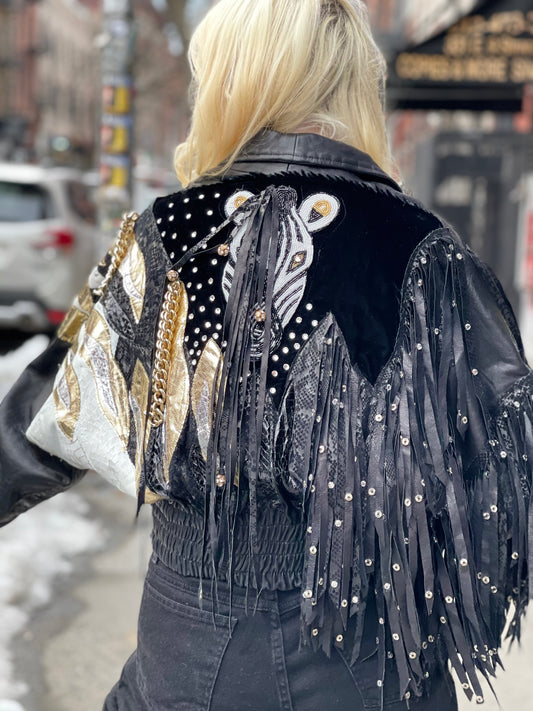 Vintage 80s Leather Fringe Metallic Rhinestone Sequin Zebra Jacket - Spark Pretty