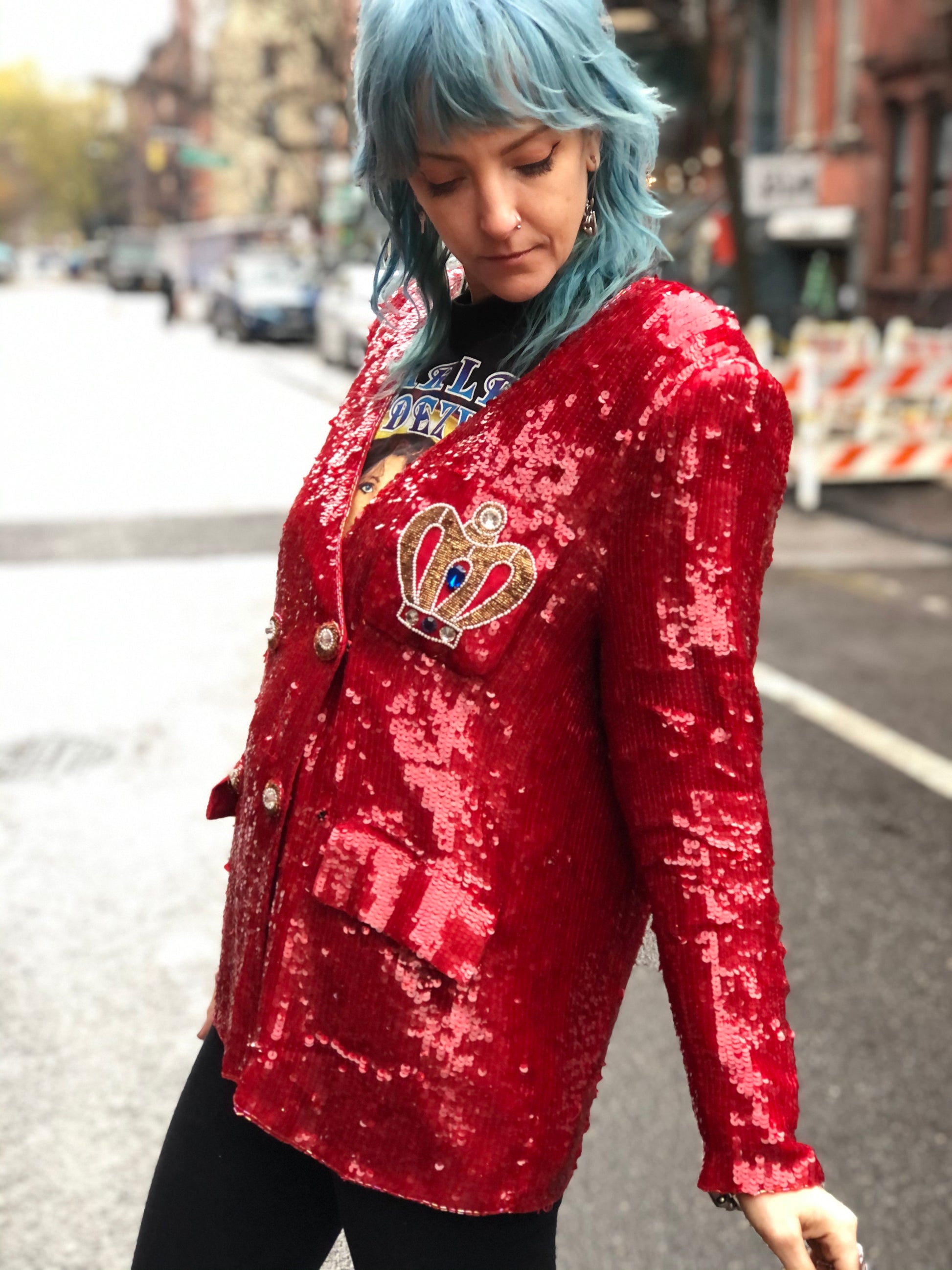 Vintage 80s Double Breasted Red Sequin Crown Blazer - Spark Pretty