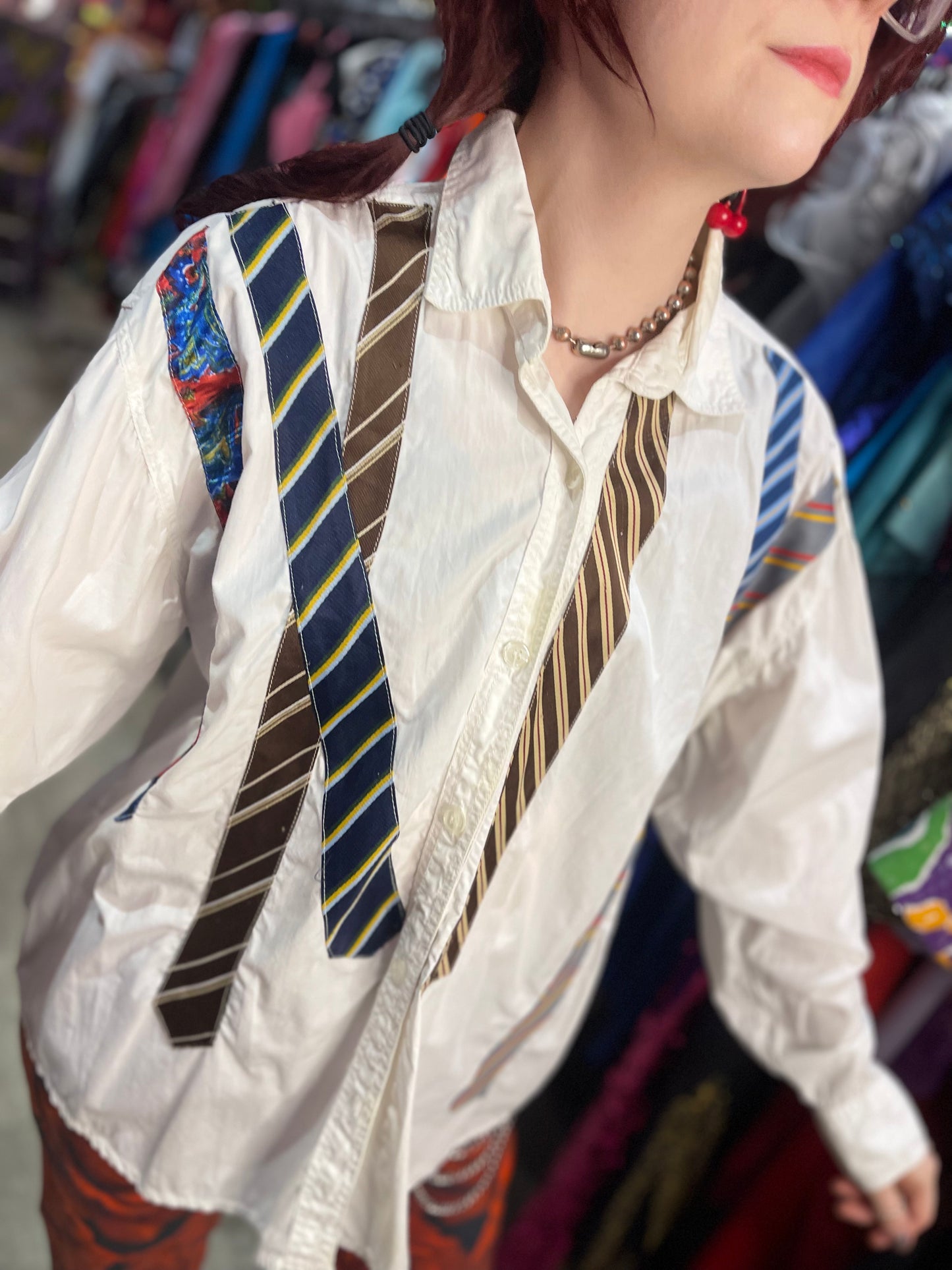 Vintage 80s Neck Tie Patchwork Button Down Shirt - Spark Pretty