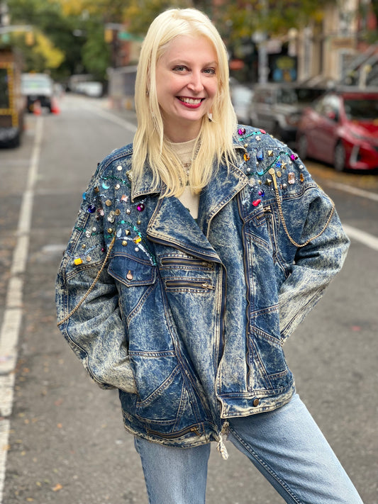 Vintage 80s Bedazzled Gem Stone Jean Jacket - Spark Pretty