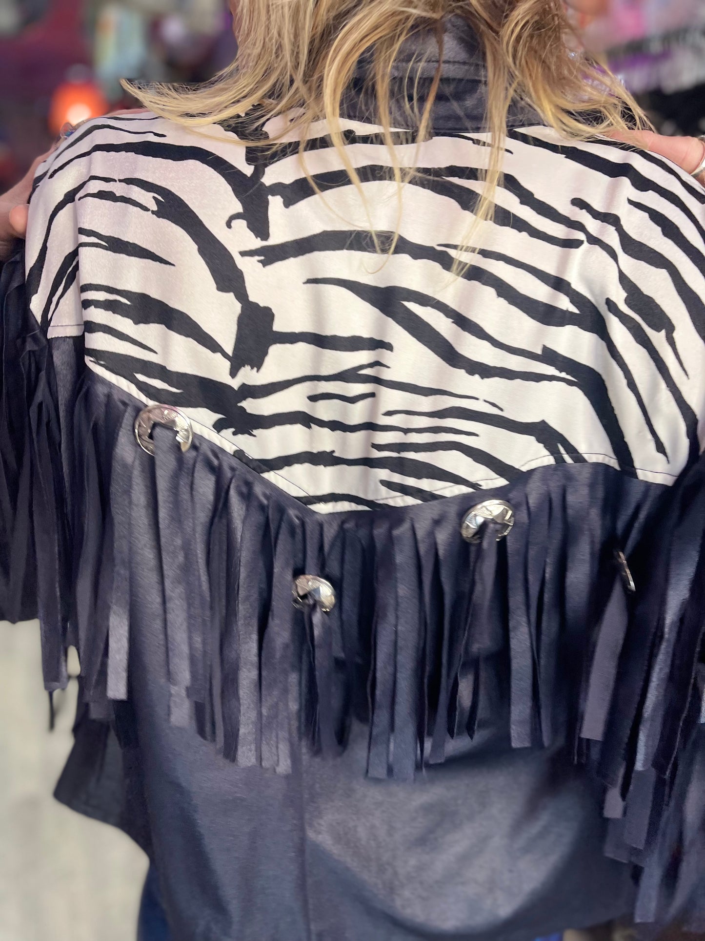 Vintage 80s Zebra Fringe Shiny Jacket - Spark Pretty