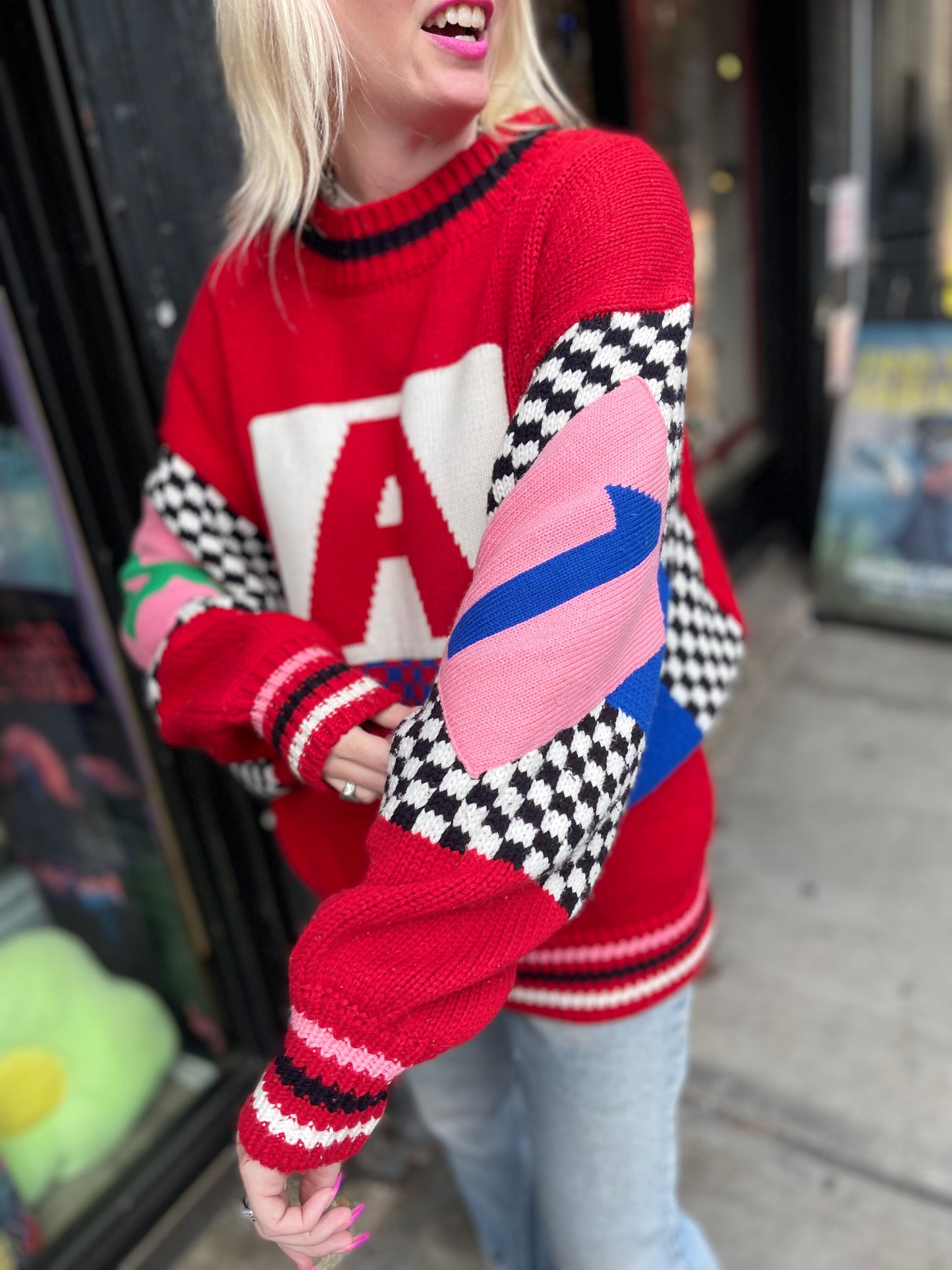Vintage 80s Oversized Knit Red With Checkered Graphics - Spark Pretty
