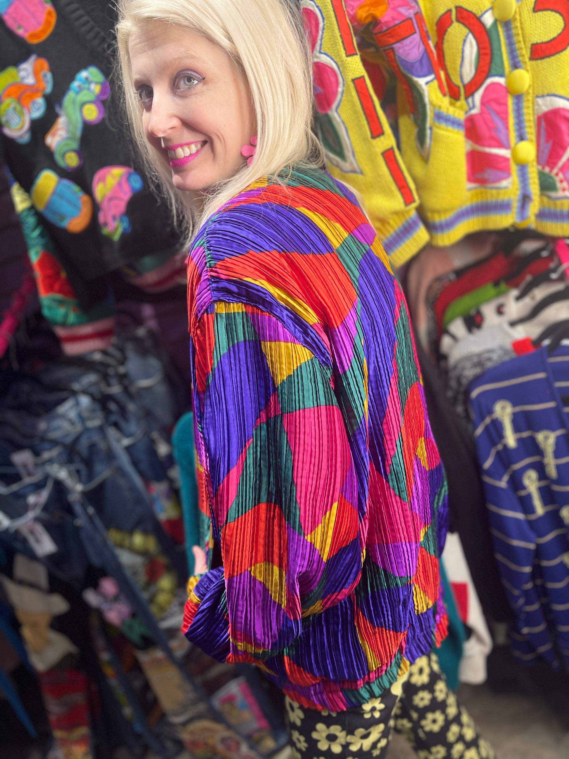 Vintage 90s Colorful Pleated Bomber Jacket - Spark Pretty