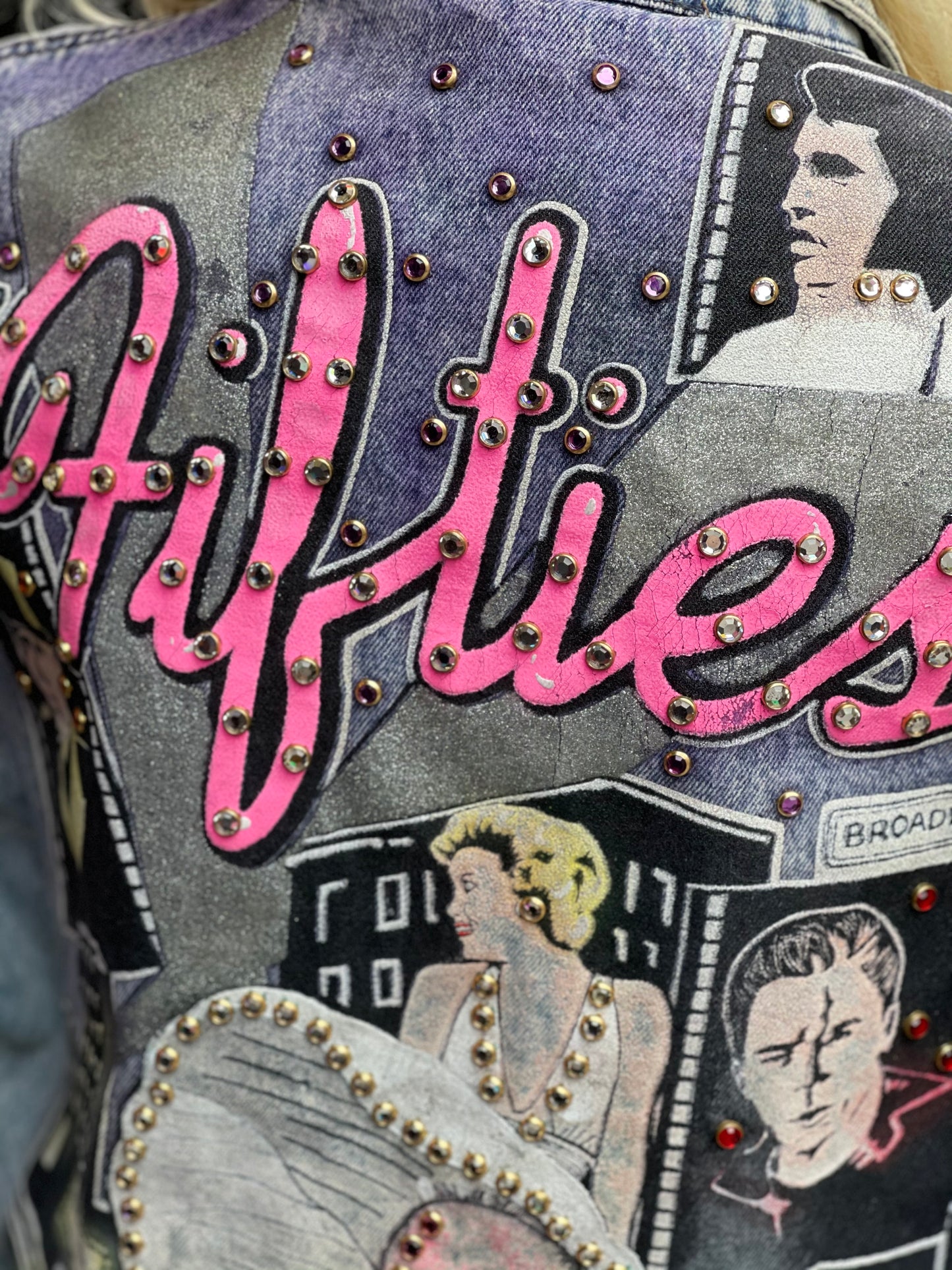 Vintage 80s Hand Painted and Bedazzled Fifties themed Jean Jacket - Spark Pretty