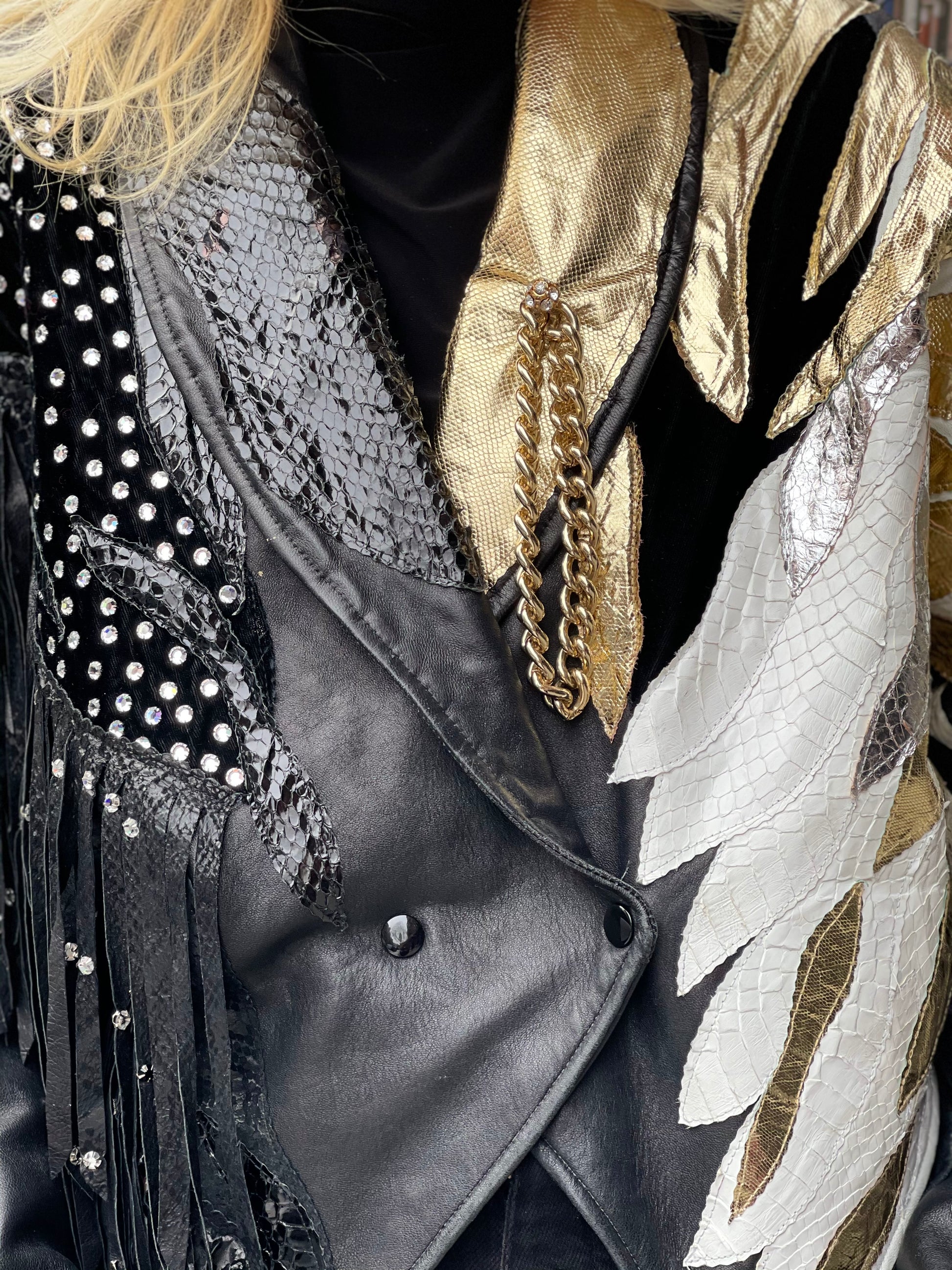 Vintage 80s Leather Fringe Metallic Rhinestone Sequin Zebra Jacket - Spark Pretty