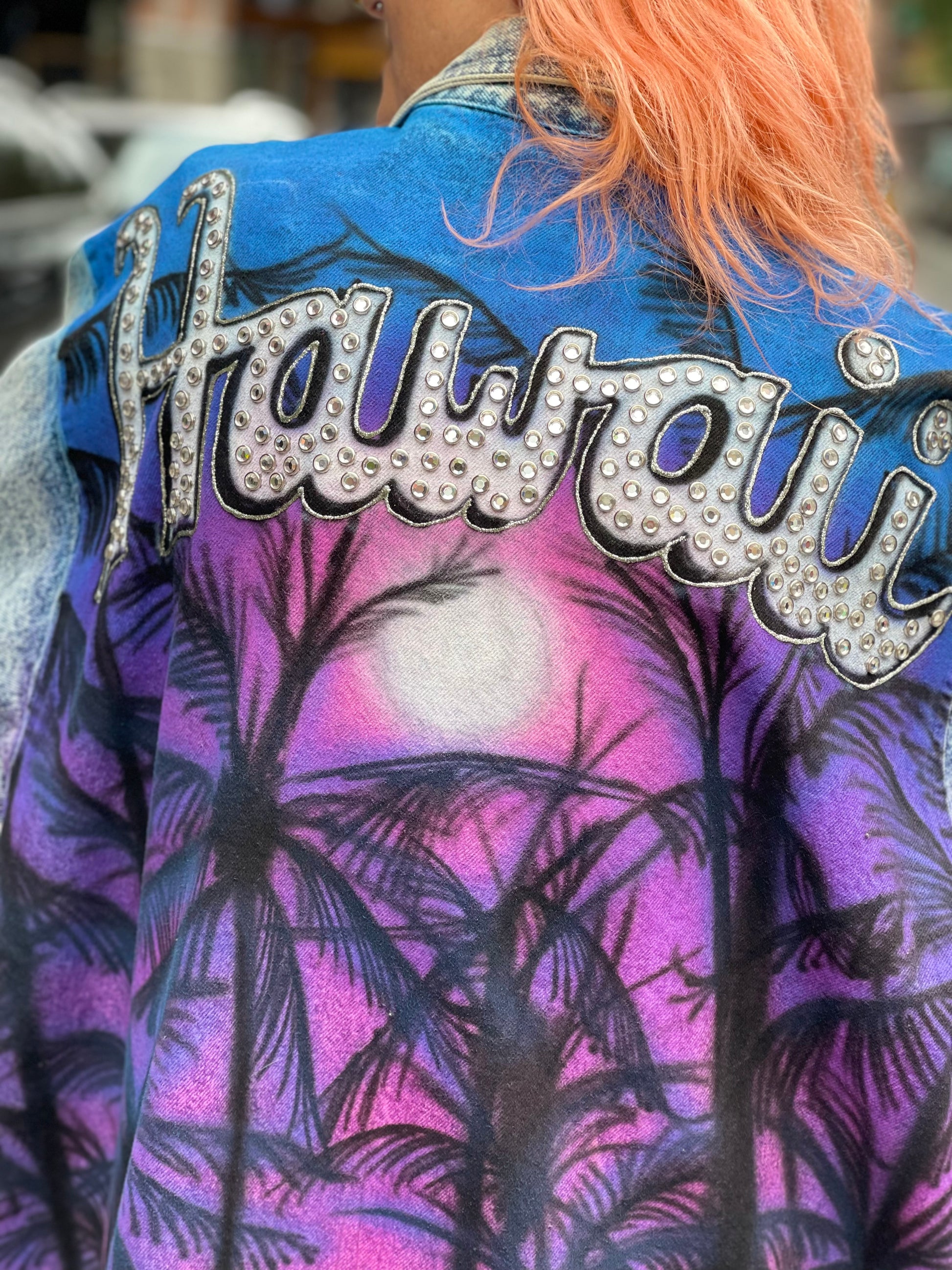 Vintage 80s Custom Airbrushed and Bedazzled Aloha Denim Coat - Spark Pretty