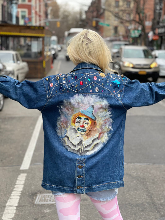 Vintage 80s Hand Painted Clown Bedazzled Jean Jacket - Spark Pretty