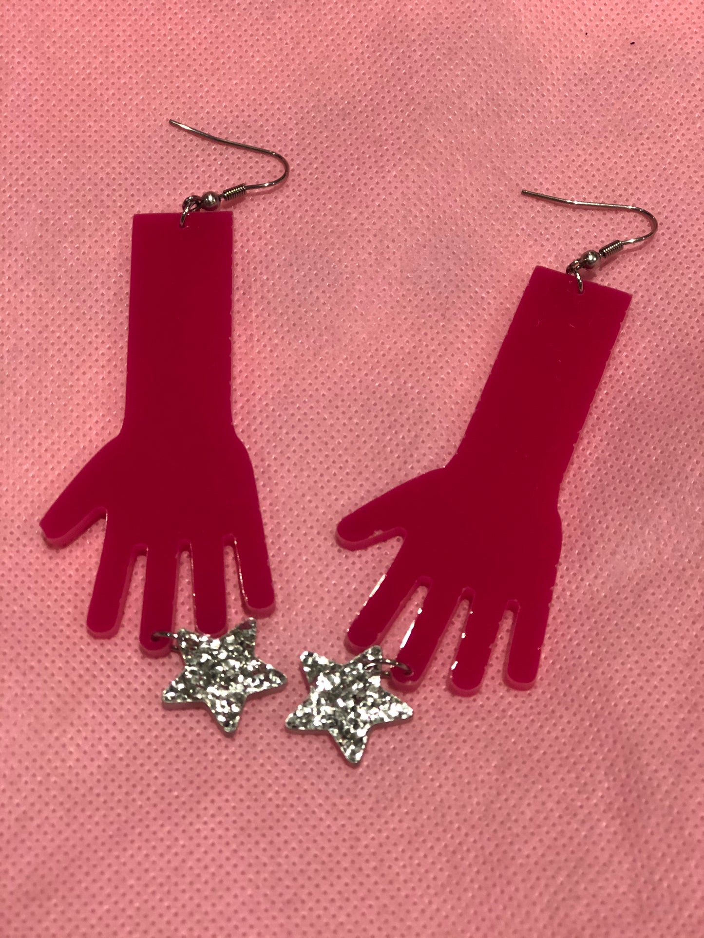 Hot Pink Hands with Silver Glitter Dangle Earrings by No Basic Bombshell - Spark Pretty