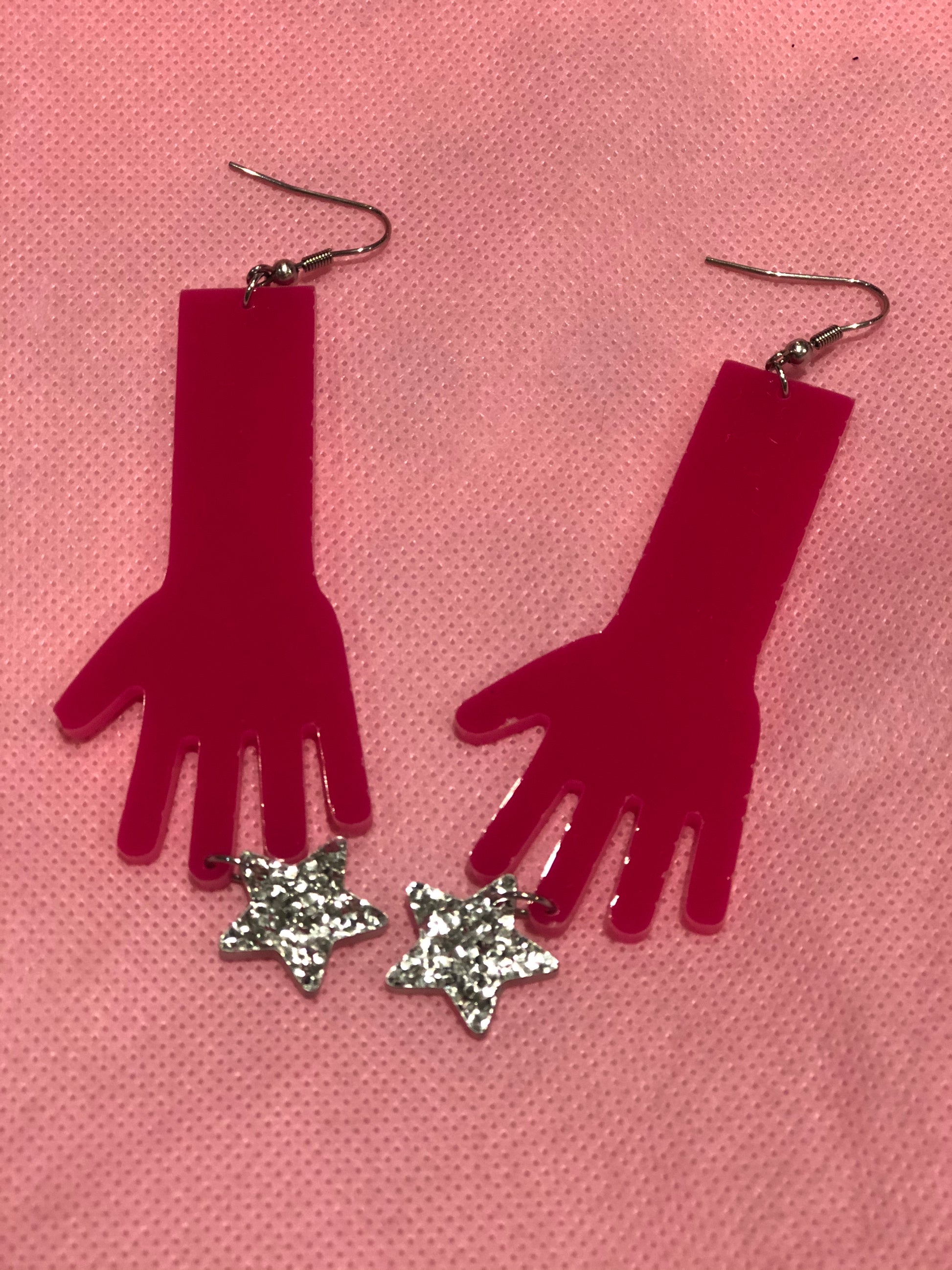 Hot Pink Hands with Silver Glitter Dangle Earrings by No Basic Bombshell - Spark Pretty