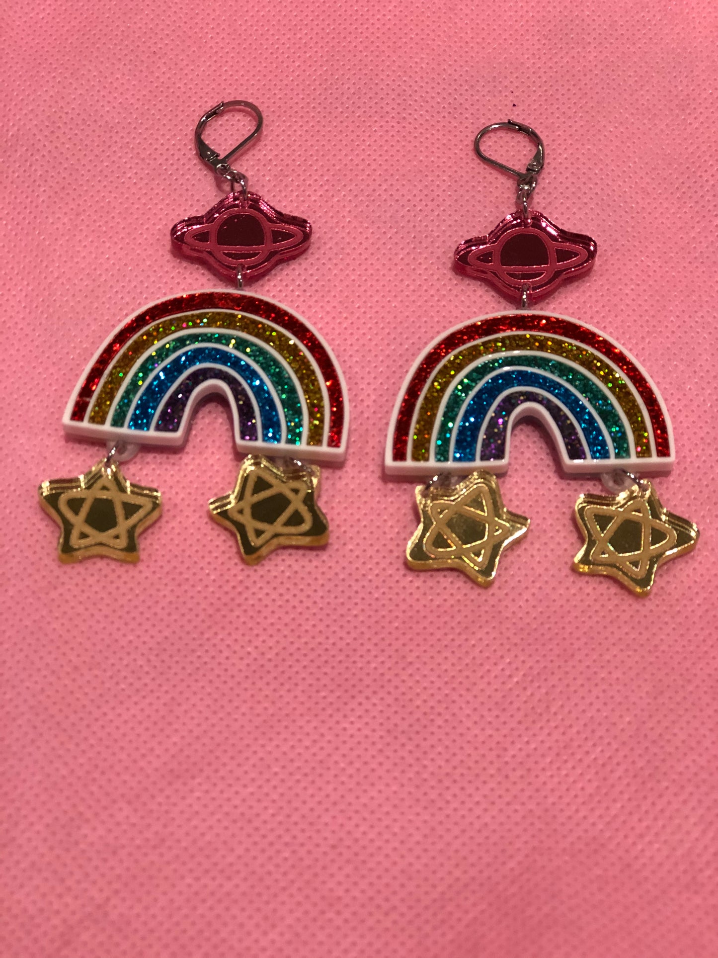 Saturn Star and Rainbow Sparkle Dangle Earrings by No Basic Bombshell - Spark Pretty