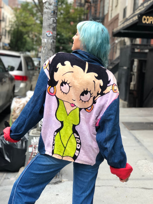 Vintage 80’s Oversized Denim Betty Boop Patchwork Jacket - Spark Pretty